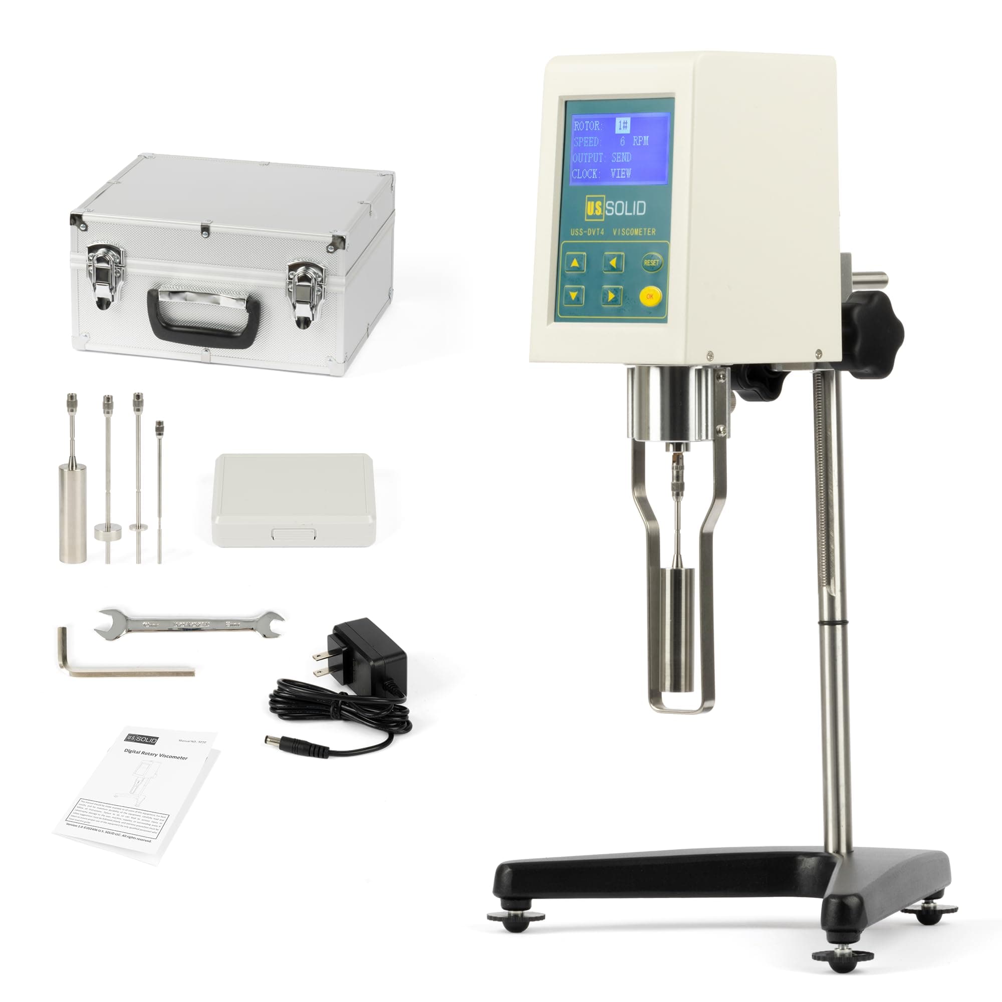 - U.S. Solid Rotary Viscometer, Viscosity Meter 10-100,000 mPa with 4 Rotors, ±2% Accuracy, LCD Display, 100-240V, for Laboratory/Industrial Use