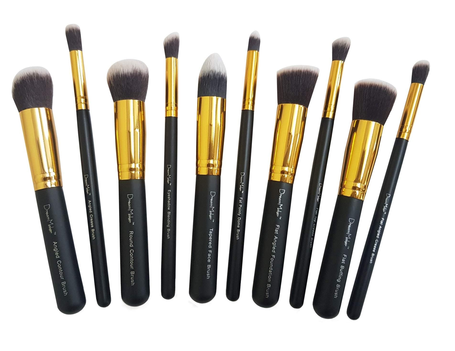 Dream Maker 10 Piece Professional Makeup Brush Set Without Pouch (Black+Gold), Kabuki Foundation, Eyeshadow Blending, Buffing, Contour, Face Brush, Synthetic Makeup Brushes
