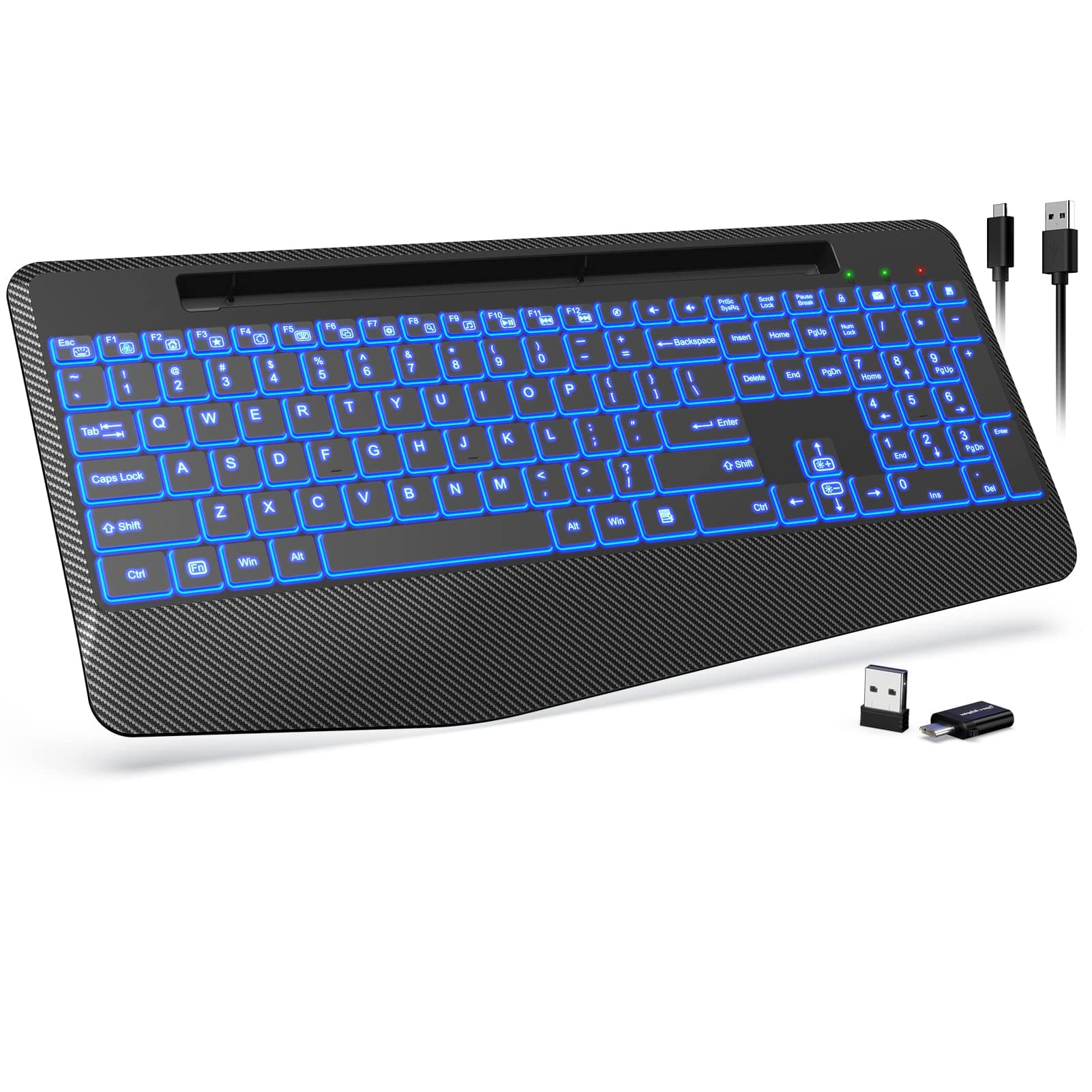 Trueque Wireless Keyboard with 7 Colored Backlits, Wrist Rest, Phone Holder - Rechargeable Ergonomic Silent Light Up Keyboard for Computer, Mac, PC, Laptop, Chromebook