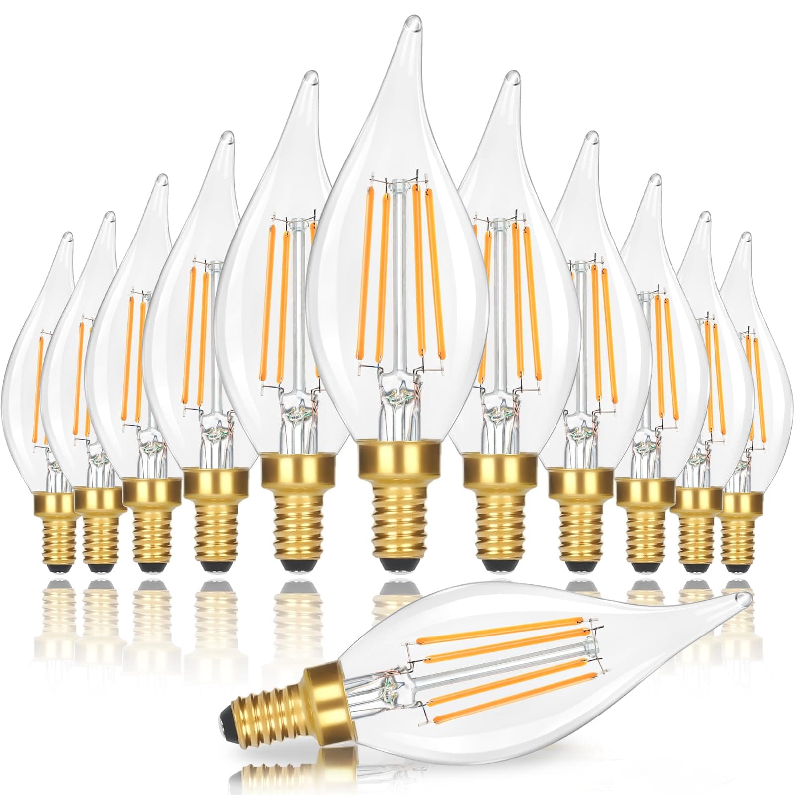 WIAONE Dimmable E12 Candelabra LED Light Bulbs 40W Equivalent, 2700K Soft Warm White Chandelier Light Bulbs, 4W 460 LM Flame Tip Candle Light Bulbs, 12-Pack