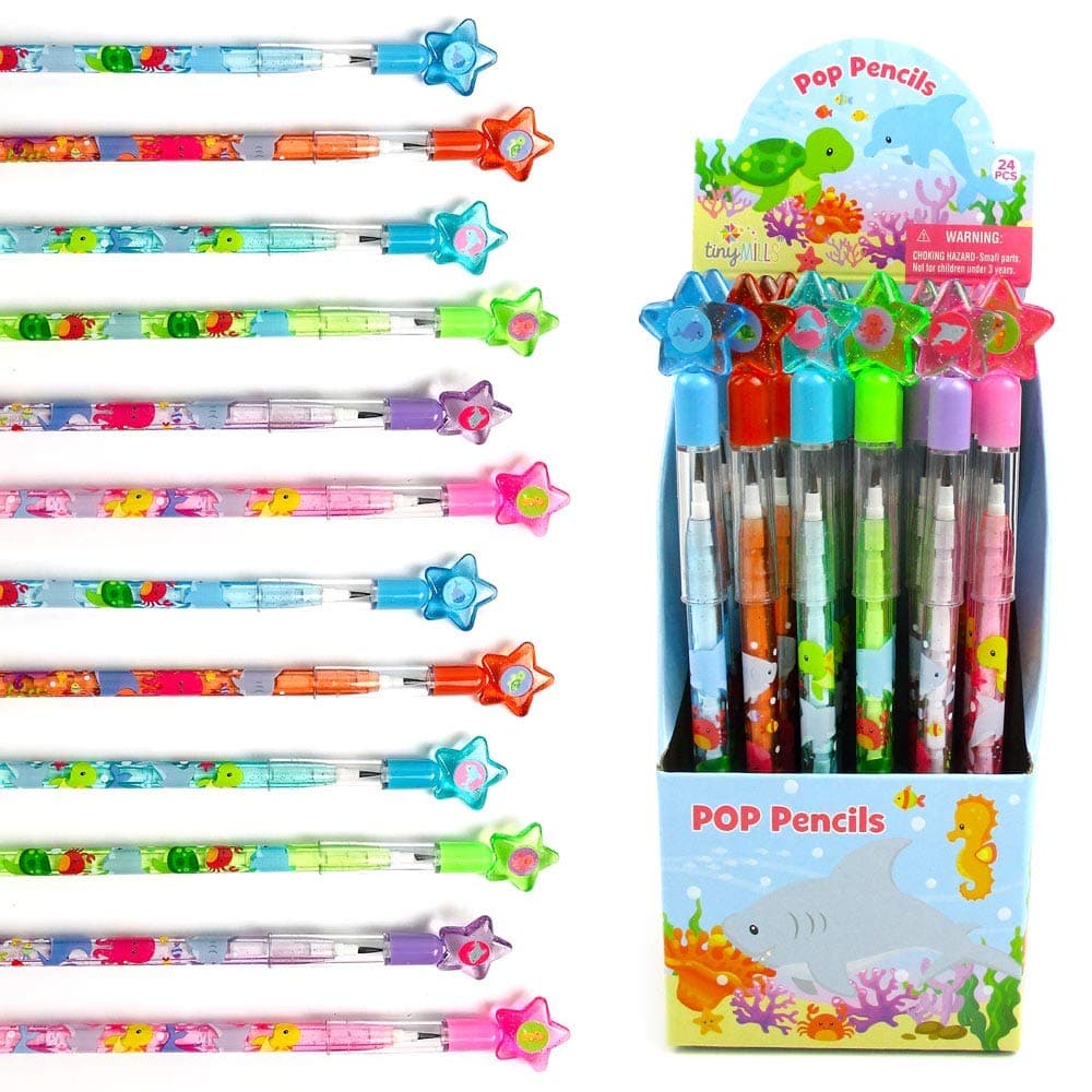 Tiny Mills 24pcs Sea Animals Sea Life Turtle Multi-Point Stackable Push Pencils Assortment Birthday Party Favor Award Carnival Goody Bag Stuff Classroom Rewards Pinata Filler