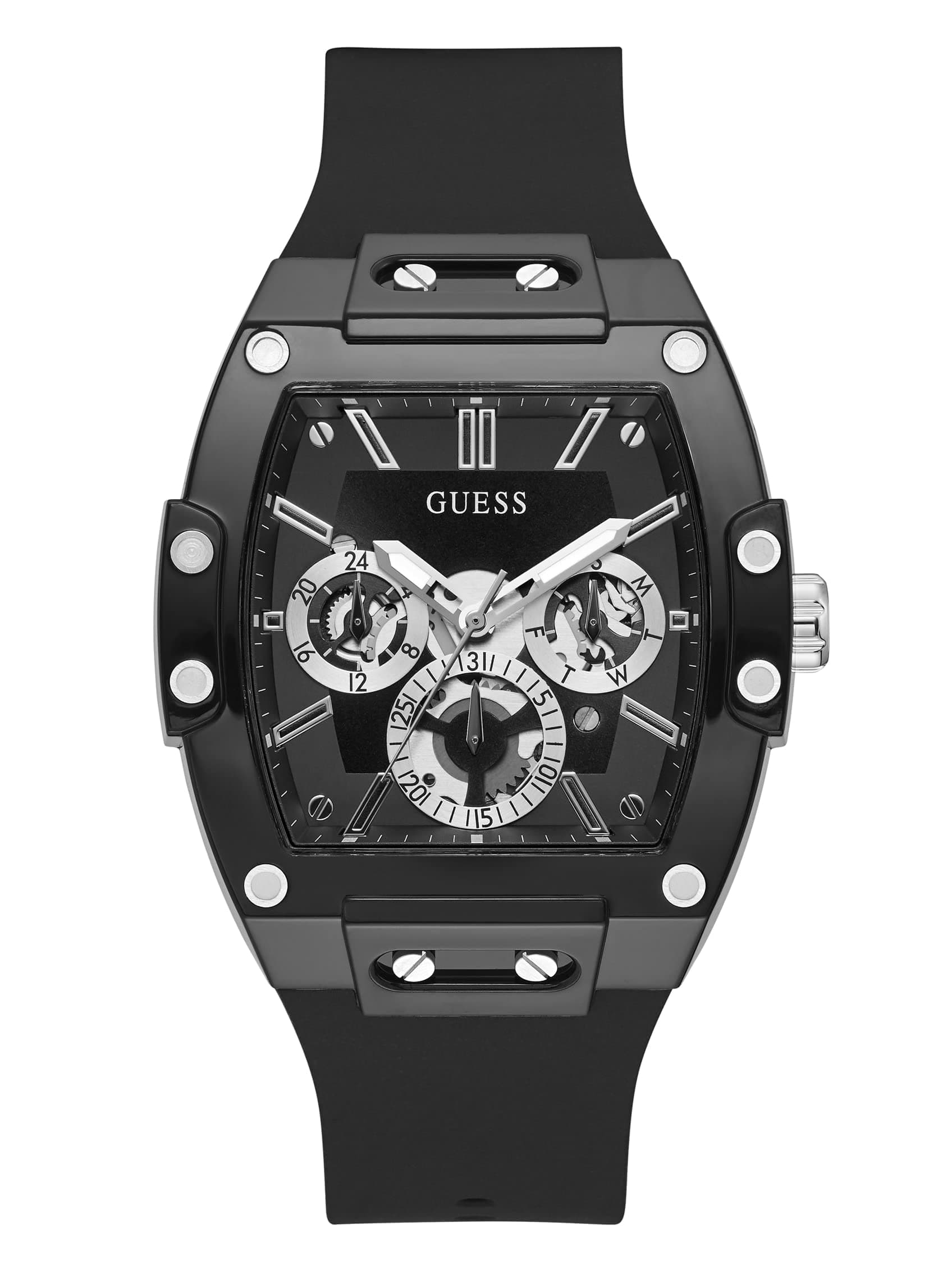Guess Phoenix Collection Multi-Function Mens Analog Black Dial Coloured Quartz Watch, Tonneau Dial with 43 mm Case Width - GW0203G3