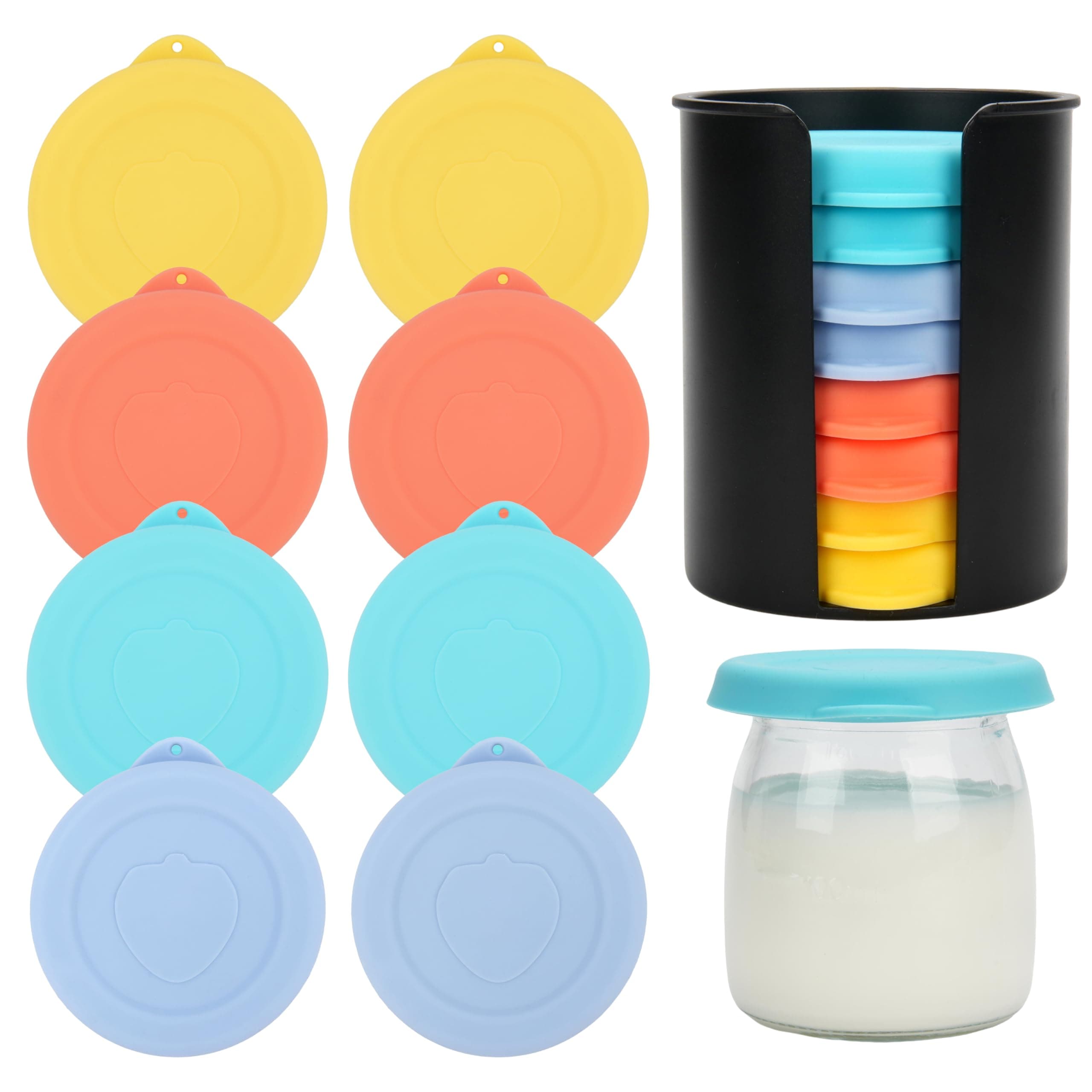 8PCS Replacement Yogurt Lids with Lid Storage Organizer - Silicone Leakproof Jar Covers Fit for Ultimate Yogurt Jars, Airtight, Dishwasher Freezer Microwave Safe, Fit Perfectly(Jars NOT Included)