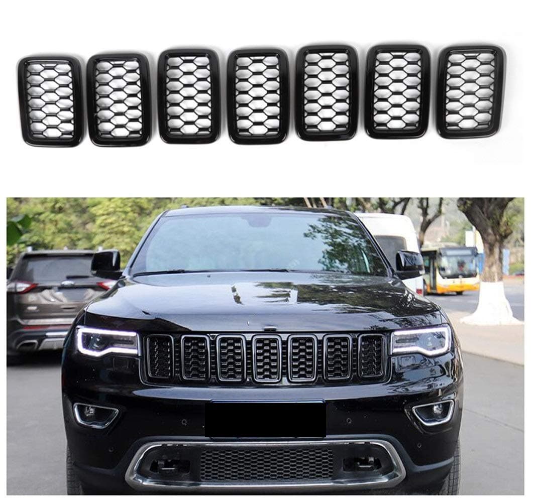 Front Grille Honeycomb Grill Inserts Fits For Jeep Grand Cherokee 2017 2018 2019 2020 2021 7 PCS Black