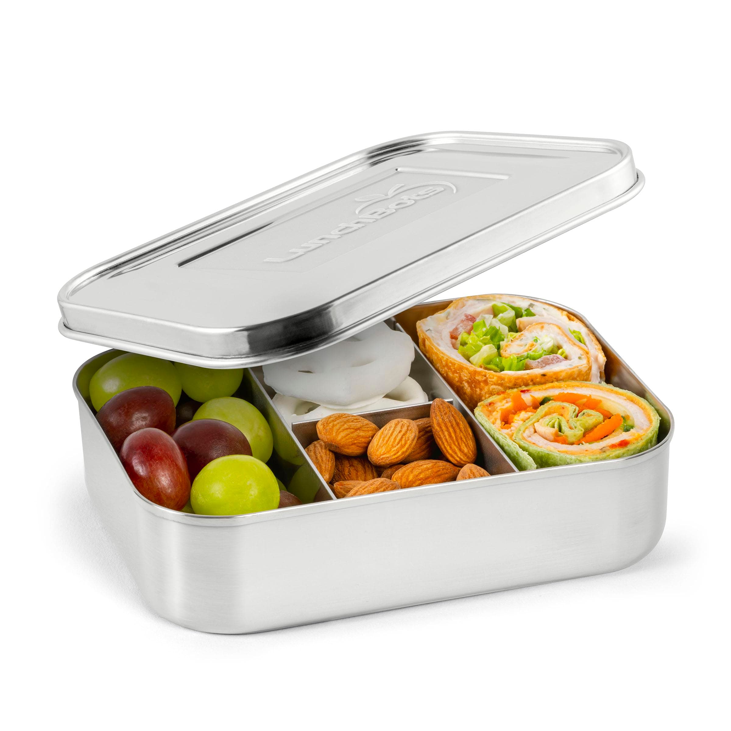 Small Protein Packer Bento Box - Extra Small Divided Stainless Steel Snack Container - 4 Sections for 1-2oz of Nuts, Meat, Cheese, Finger Foods - Dishwasher Safe - Stainless Lid