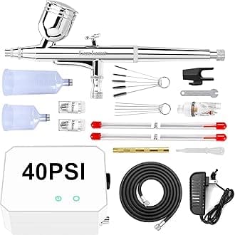 GocheerAirbrush Kit with Air Compressor, 40 48 PSI High Pressure Air Brush Non-Clogging with 0.2/0.3/0.5mm Nozzle/Cleaning Sets, Ideal for Painting, Modeling, Cake Decor, Makeup (White, 48 PSI)