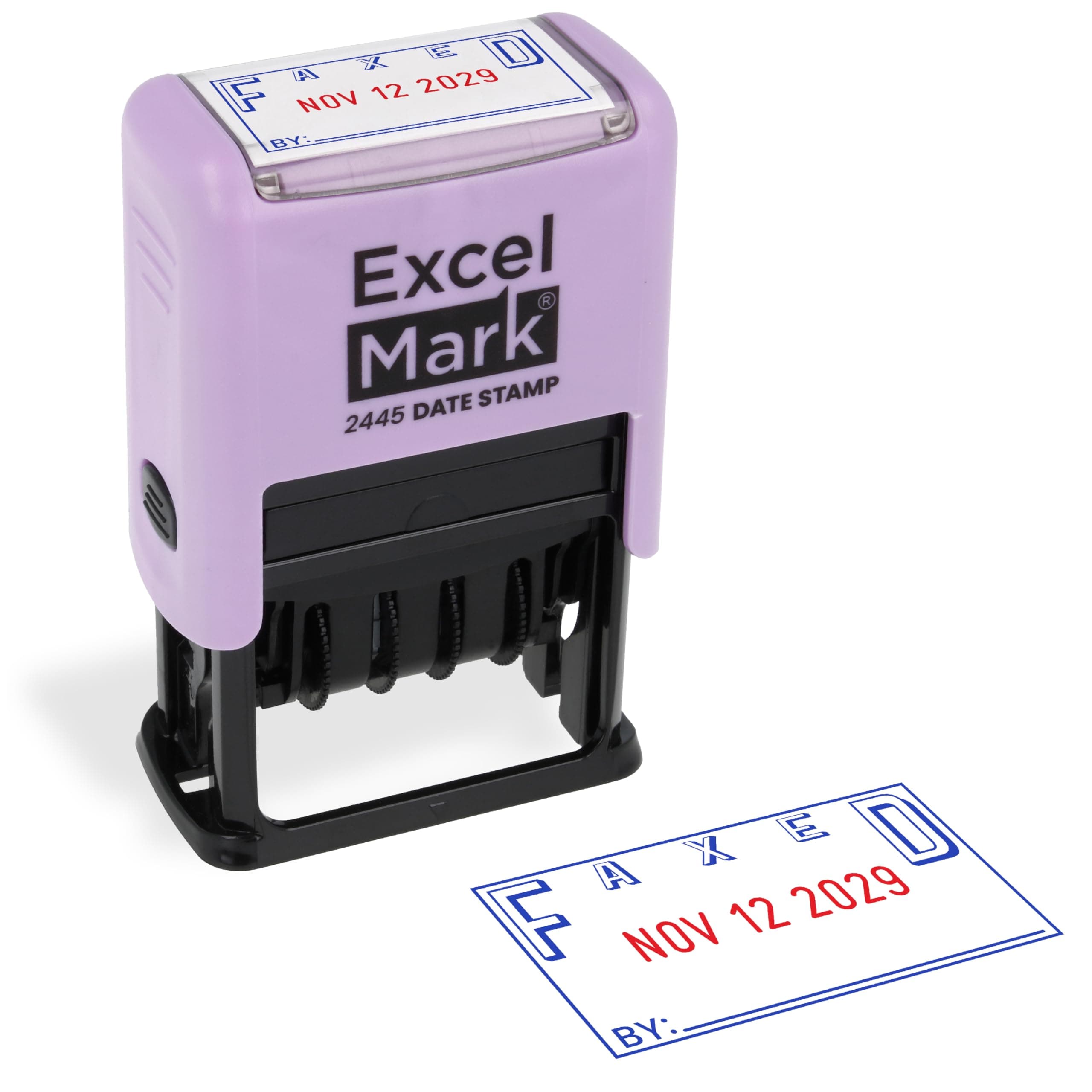ExcelMark 2445 Date Stamp with Text - Blue and Red Ink (Violet Mount, Faxed)
