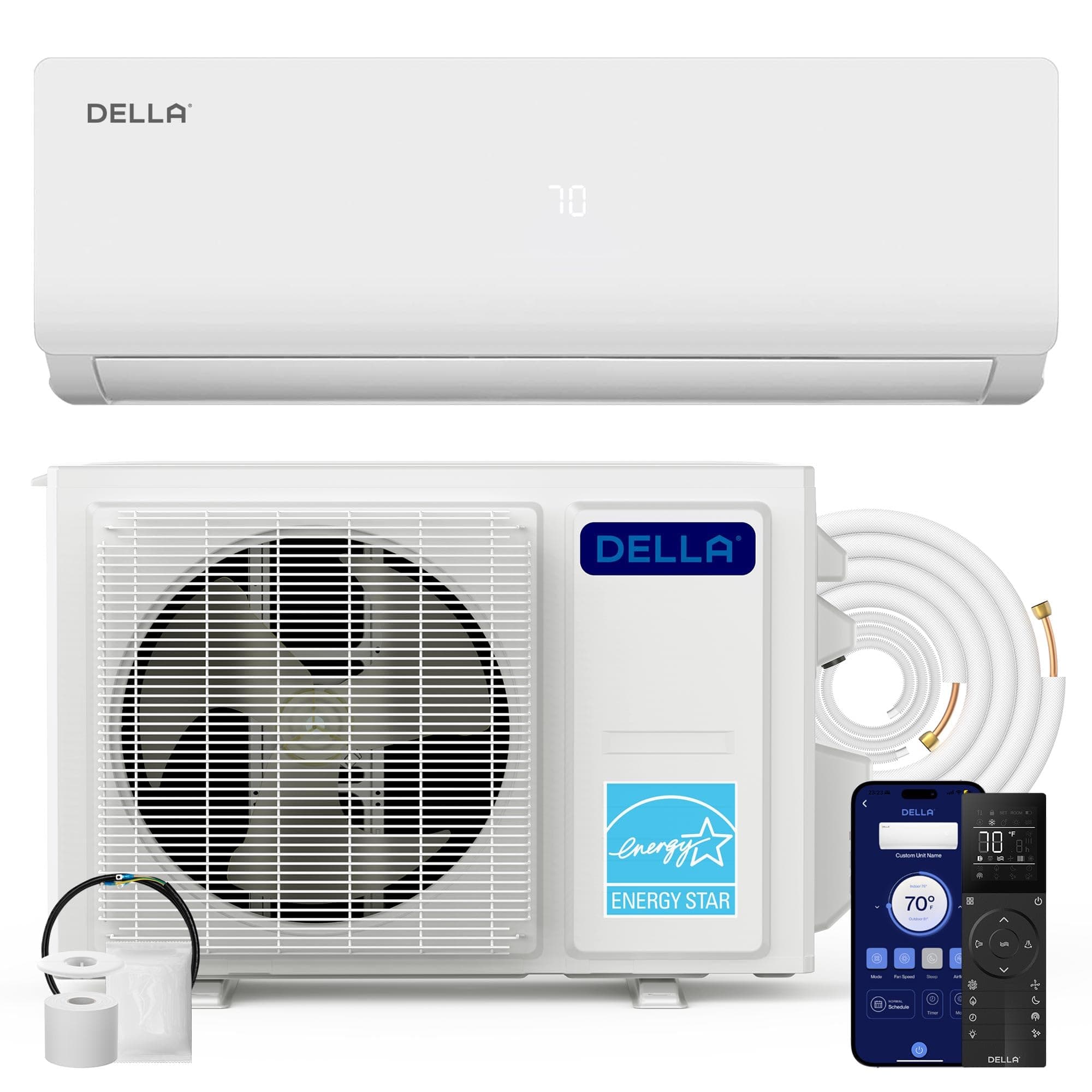 DELLA Vario Series 9000 BTU Mini Split AC Work with Alexa 19 SEER2 Cools Up to 400 Sq.Ft 230V Wifi Enabled AC & 0.75 Ton Heat Pump Pre-Charged Ductless Inverter System, 16.4ft Installation Kits