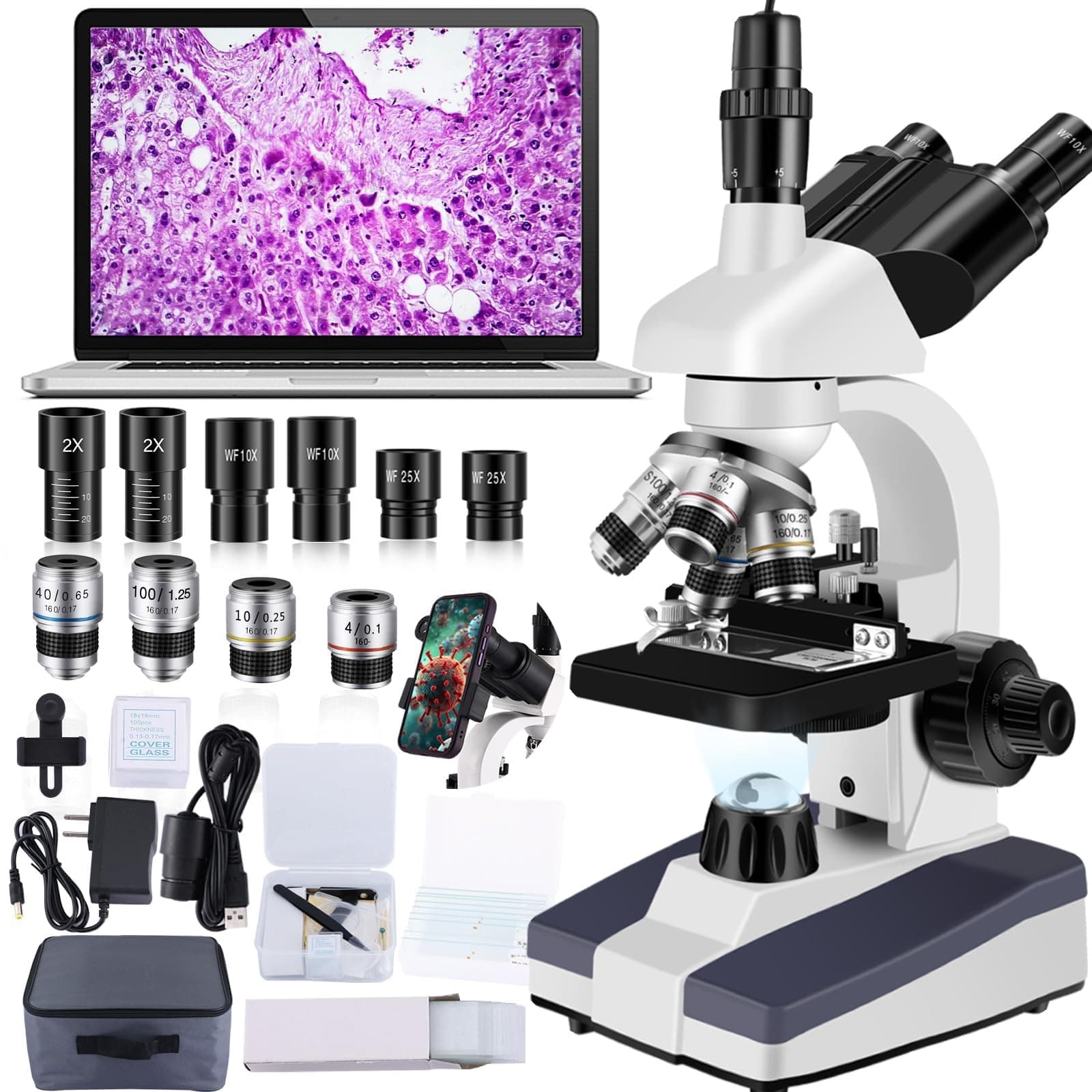 Trinocular Microscope 40X-5000X Magnification Microscope for Adults, Laboratory Grade with Dual Mechanical Stage and HD USB Camera（Trinocular microscope with electronic eyepiece）