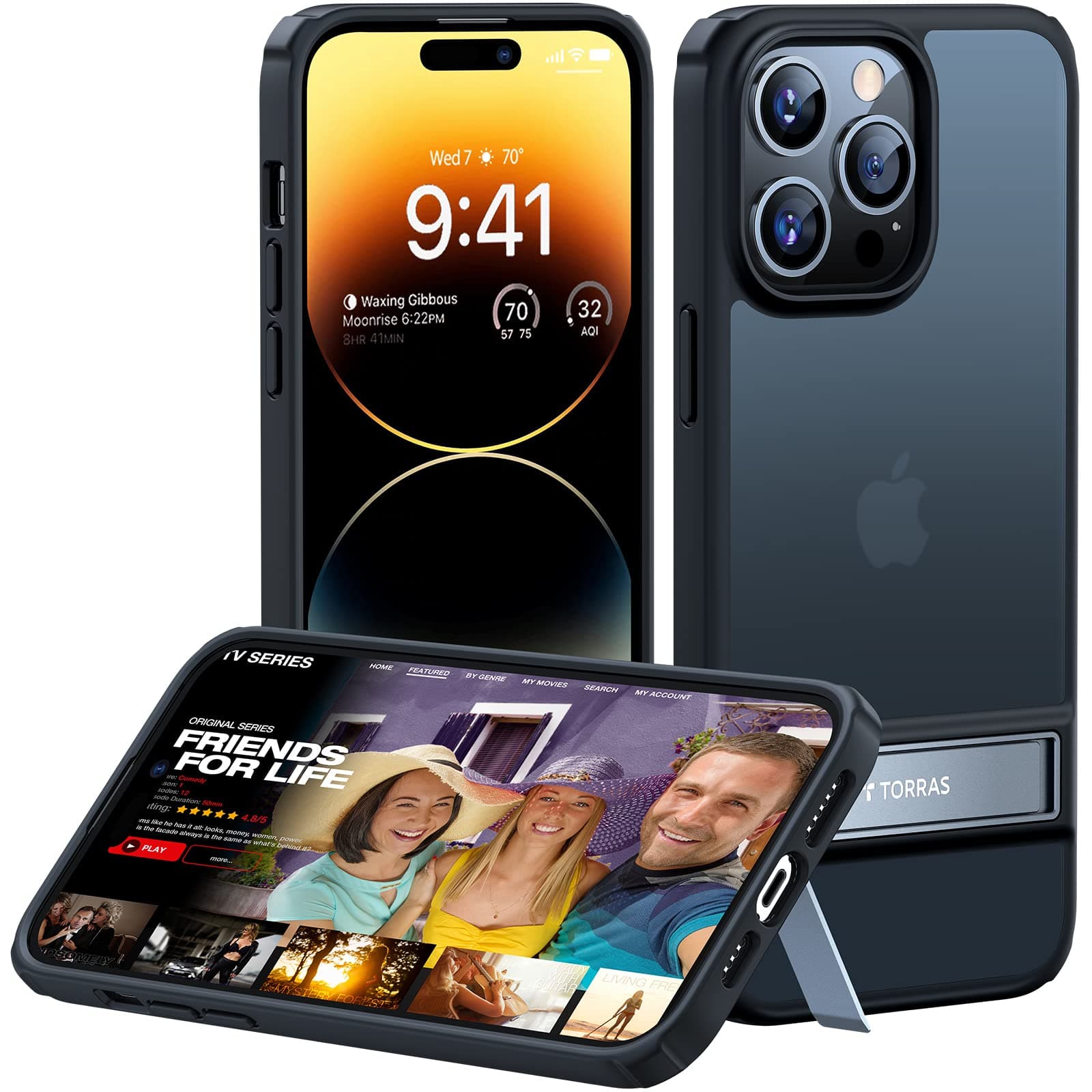 TORRAS MarsClimber for iPhone 14 Pro Case with Stand, [3 Stand Ways Metal Kickstand] [8FT Military Grade Drop Tested], Protective Slim Translucent Matte iPhone 14 Pro Phone Case for Women Men, Black