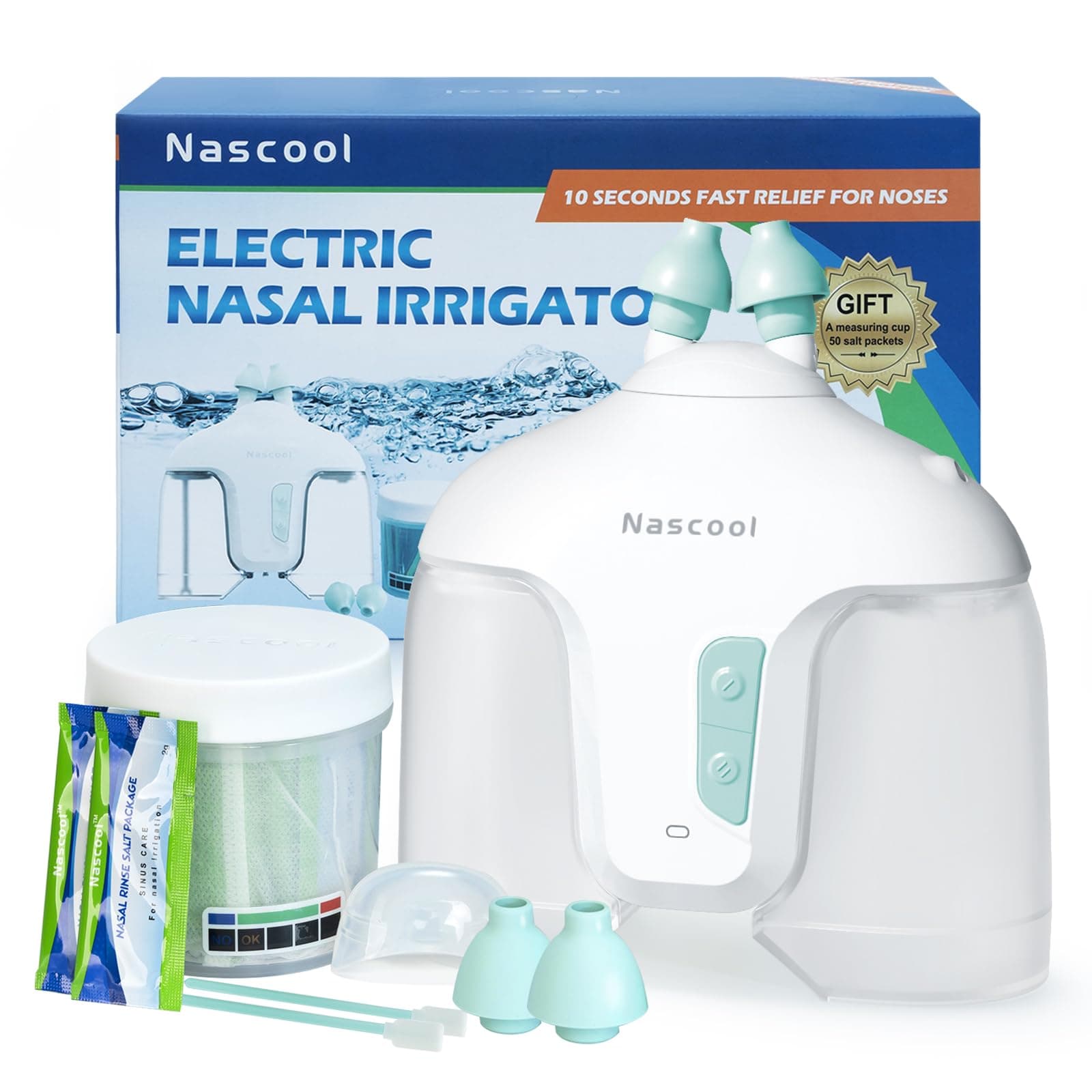 Electric Nasal Irrigation System with 50 Salt Packets, 2 Modes Nose Cleaner with SelfCleaning & Auto Waste Collection Function for Sinus Relief Runny Nose, Nasal Congestion, Itching Nose