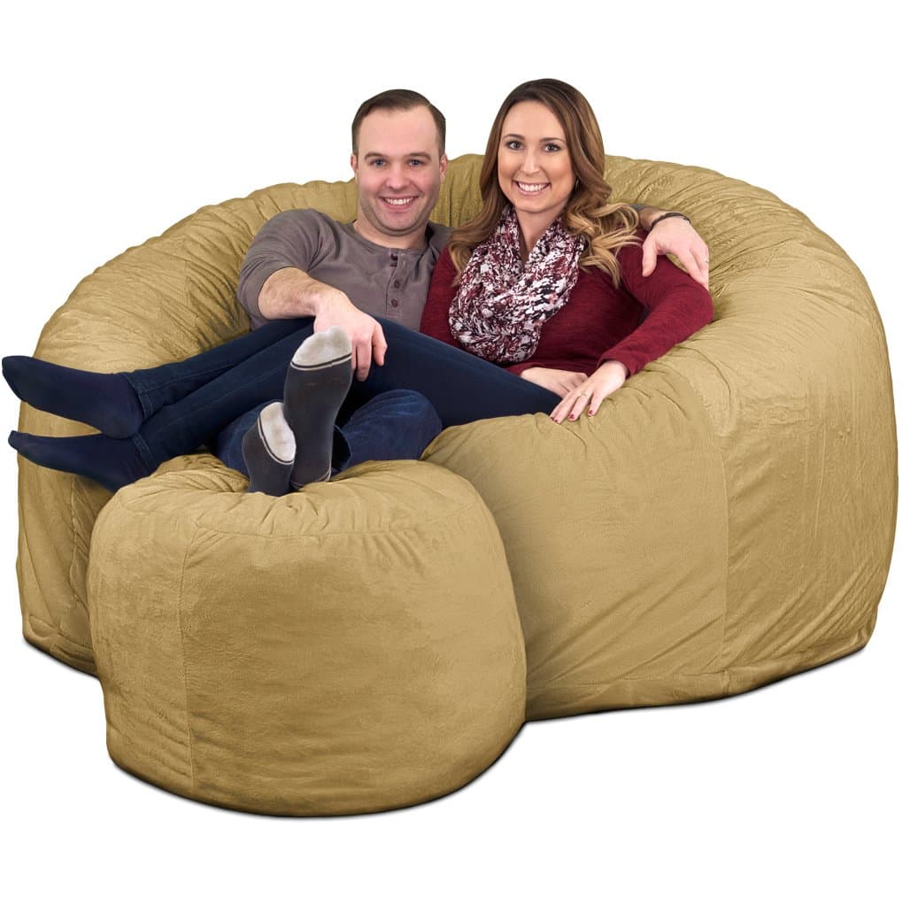 6ft Bean Bag Chair & Footstool, Oversize Bean Bag Chair for Adults, Comfy Chair Bean Bag Couch Lounge Sofa Loveseat Furniture | Camel Suede