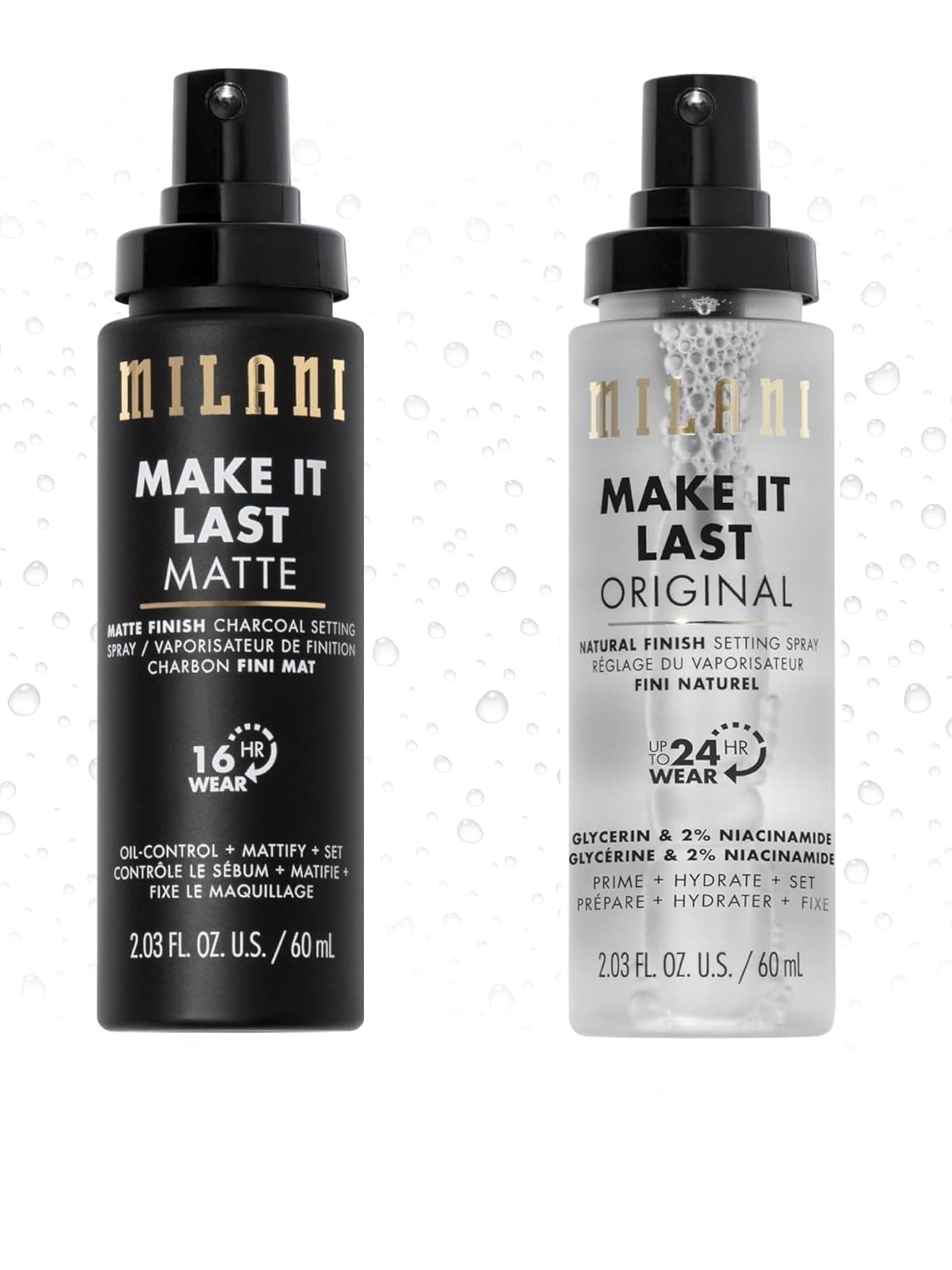 Milani Setting Spray + Primer, Make It Last Original - Natural Finish with Niacinamide for Hydration & Make It Last Matte- Oil Absorbing Charcoal Formula to Control Shine - 2 Pack