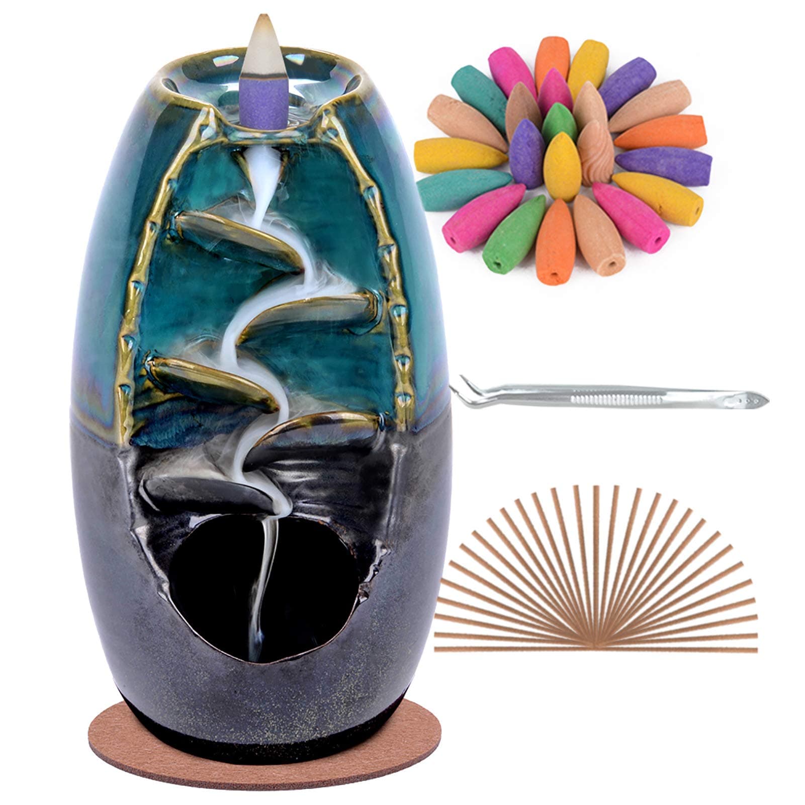SPACEKEEPER Ceramic Backflow Incense Holder Waterfall Incense Burner, Aromatherapy Ornament Home Decor with 120 Backflow Incense Cones + 30 Incense Stick , Blue Set
