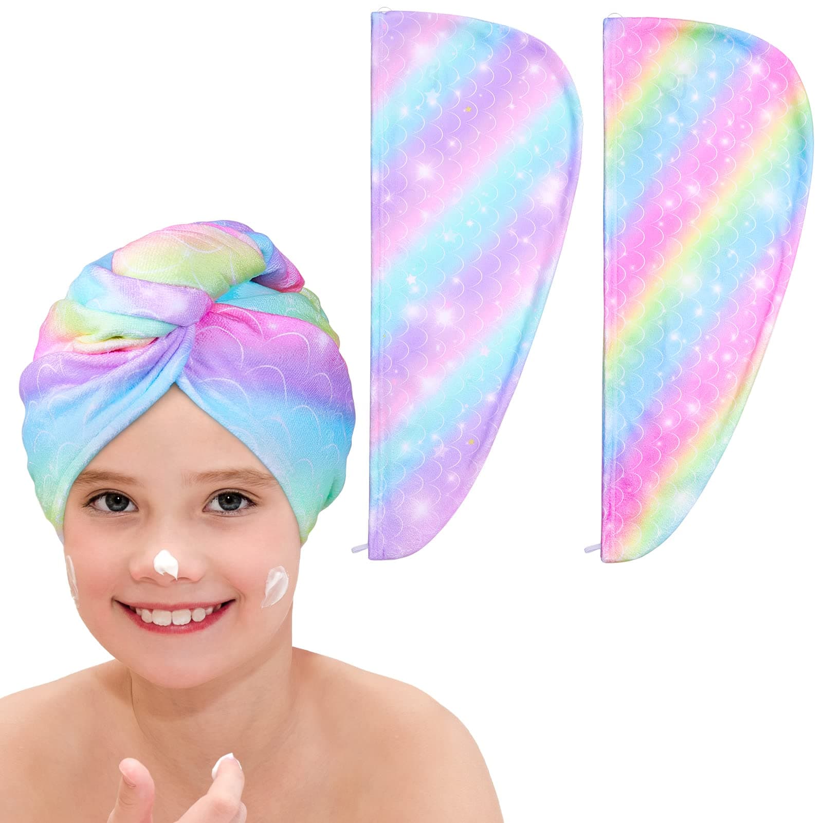 Basumee Microfiber Hair Towel Wrap for Kids 2 Pack Rapid Drying Hair Towel with Button Hair Turbans for Wet Hair Wraps Head Towel Wrap for Women and Girls, Rainbow