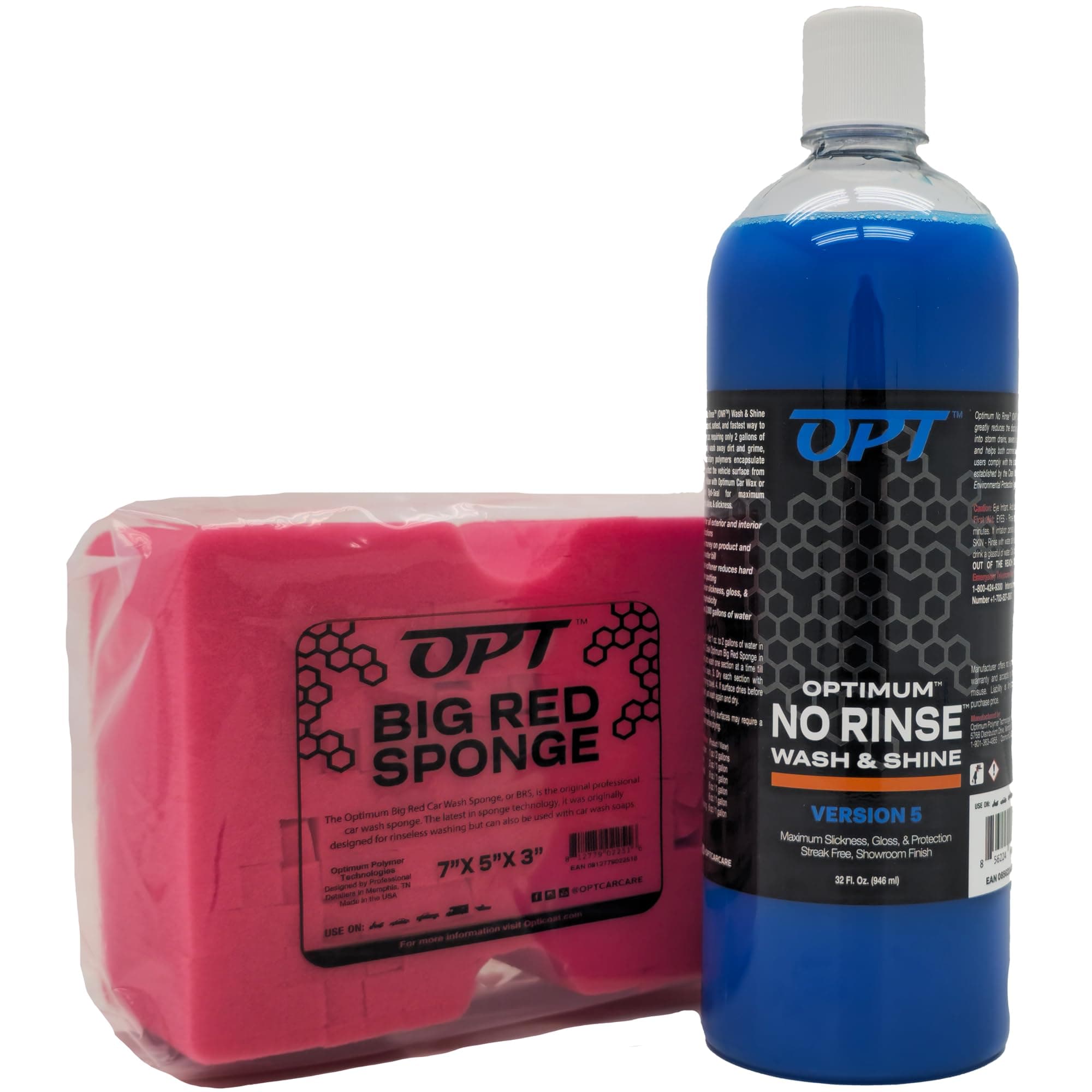 Optimum No Rinse Version 5 (32 Oz) and Big Red Sponge (BRS) Car Cleaning Kit, ONR Rinseless Car Wash and Wash Sponge for Washing and Auto Detailing