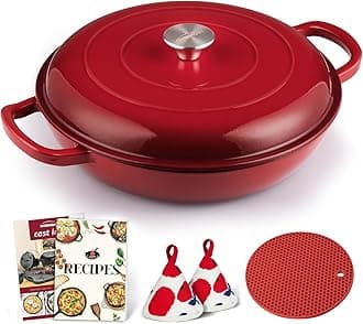 Overmont Enameled Cast Iron Dutch Oven - 3.8 Quart Dutch Oven Pot with Lid - Shallow Cookware Braising Pan - Cast Iron Casserole with Cookbook & Heat-Resistant Caps - Oven Safe up to 500° F Red