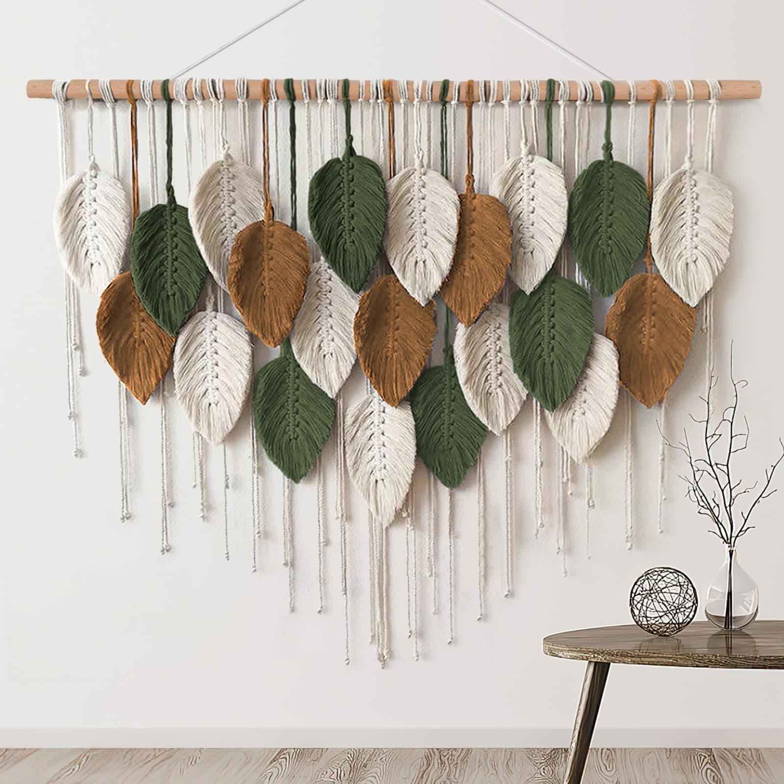 KHOYIME Large Macrame Wall Hanging Boho Woven Tapestry, Chic Home Decor Modern Bohemian Handmade Leaf Feather Wall Art Decorations for Apartment Dorm Living Room Bedroom Nursery Backdrop 39"W X 28"L