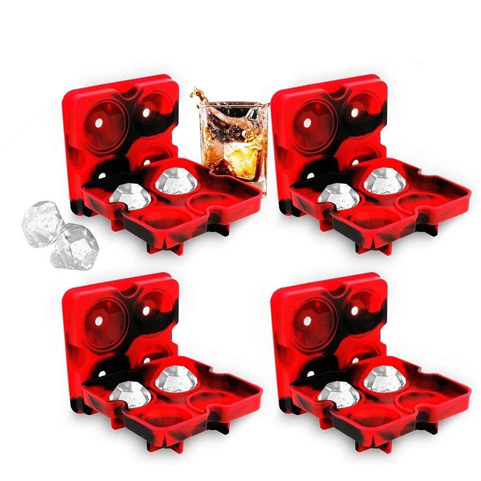 Bella Vino 4 Pack Ice Cube Trays with Lids,16 Diamond Ice Cubes, Silicone BPA-Free Stackable Easy Release Ice Molds Multi-use Storage Containers for Ice, Whiskey, Candy and Chocolate, Red & Black