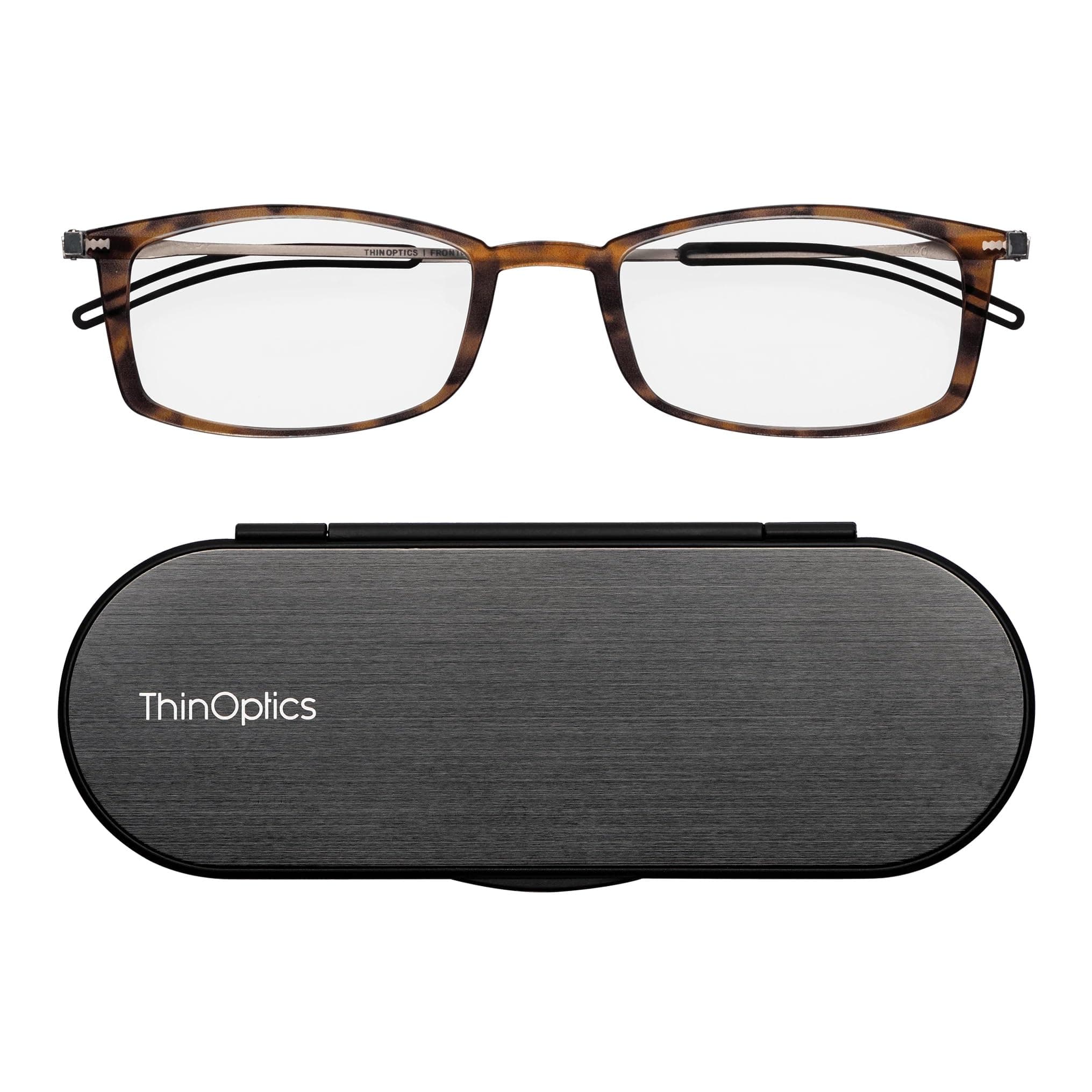 ThinOptics Reading Glasses 1.0 1.5 2.0 2.5 with Slim 4mm Magnetic Case - Ultra Light Spectacles with Rectangular Frame - Stylish Readers for Men & Women – Thin Design with Brushed Aluminium Case