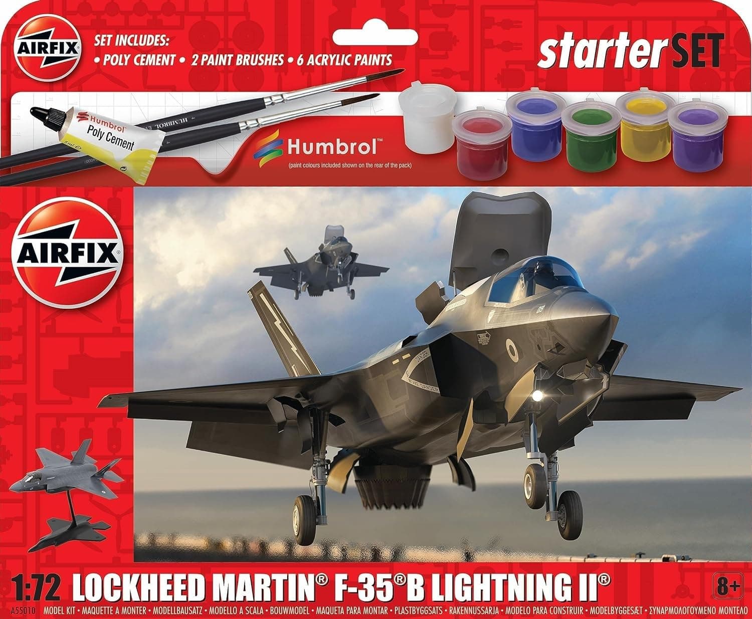 AIRFIX - Starter Set - A55010 Lockheed Martin F-35B Lightning II Model Building Kit - Plastic Model Plane Kits for Adults & Children 8+, Set Includes Acrylic Paints, Brushes & Poly Cement - 1:72 Scale
