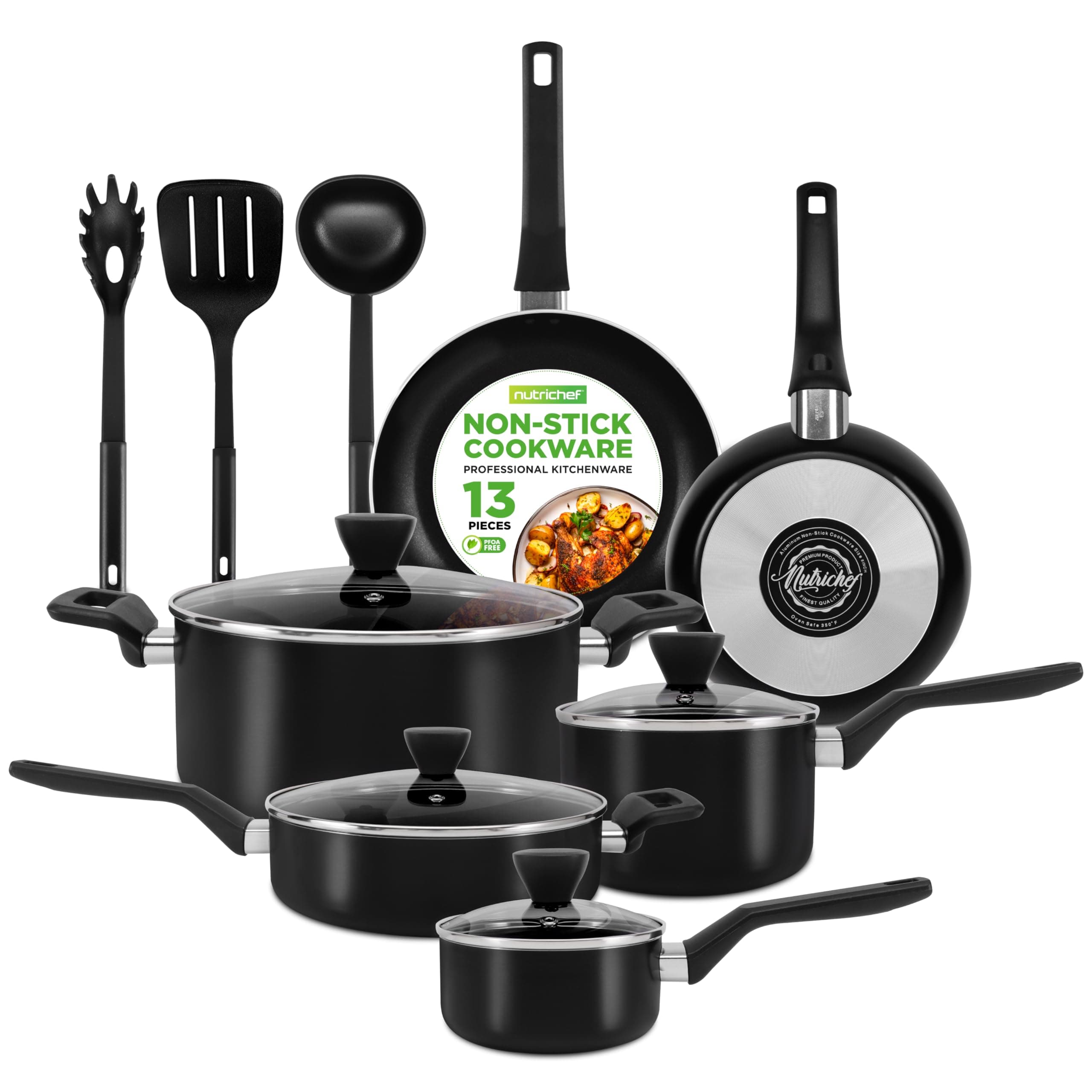 13-Piece Nonstick Cookware - Heat Resistant Kitchen Ware Set w/Saucepan, Frying Pans, Cooking Pots, Casserole, Lids, Ladle, Fork, Strainer - NCCWA13, Black