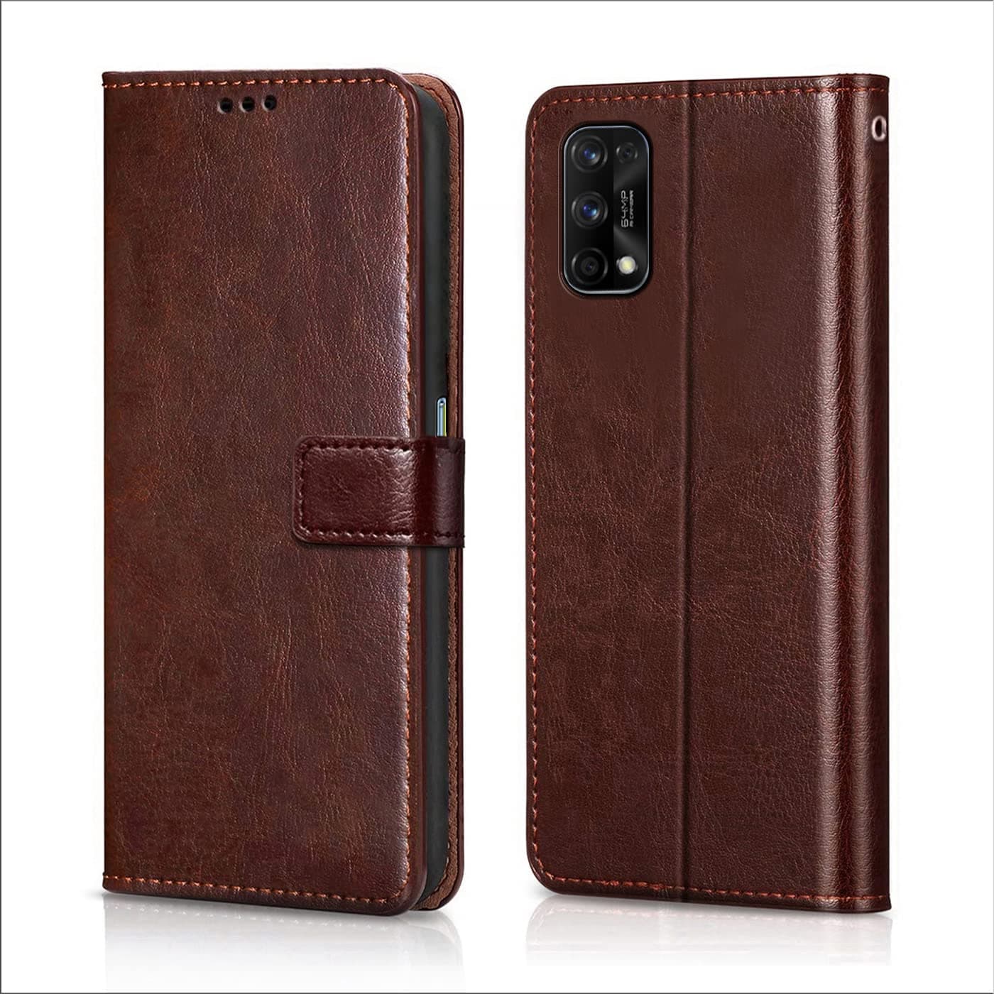 WOW Imagine Realme 7 Pro Flip Case | Leather Finish | Inside TPU with Card Pockets | Wallet Stand | Shock Proof | Magnetic Closure | 360 Degree Complete Protection Flip Cover for Real Me Realme 7 Pro - Chesnut Brown