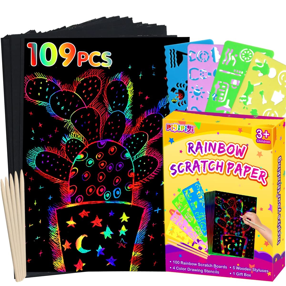 pigipigi Rainbow Scratch Paper Art: 109 Pcs Magic Scratch Off Craft Kit for Kids Color Drawing Note Pad Supply for Children Girls Boys DIY Party Favor Game Activity Birthday Christmas Toy Gift Set