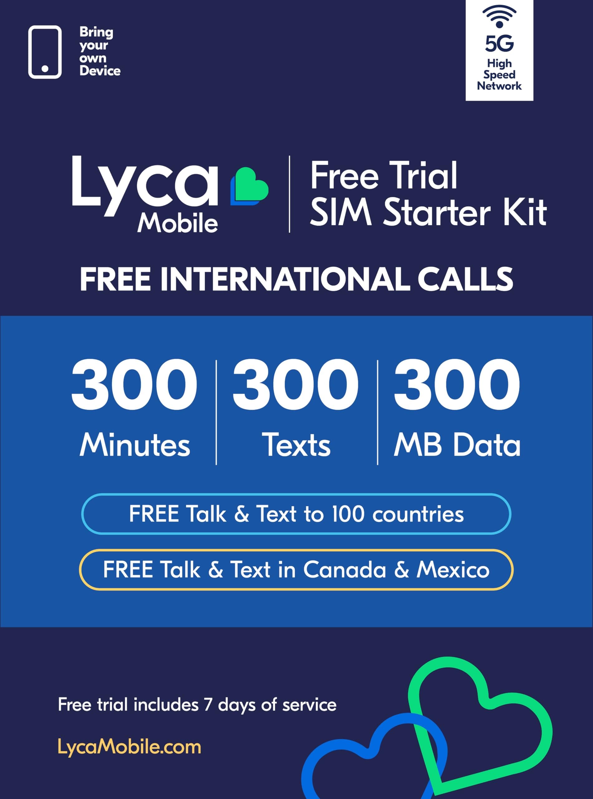 Lyca Mobile USA 5G/4G SIM Starter Kit | FREE Trial Includes 300 Minutes / 300 Texts / 300 MB Data (for 7 days of service)