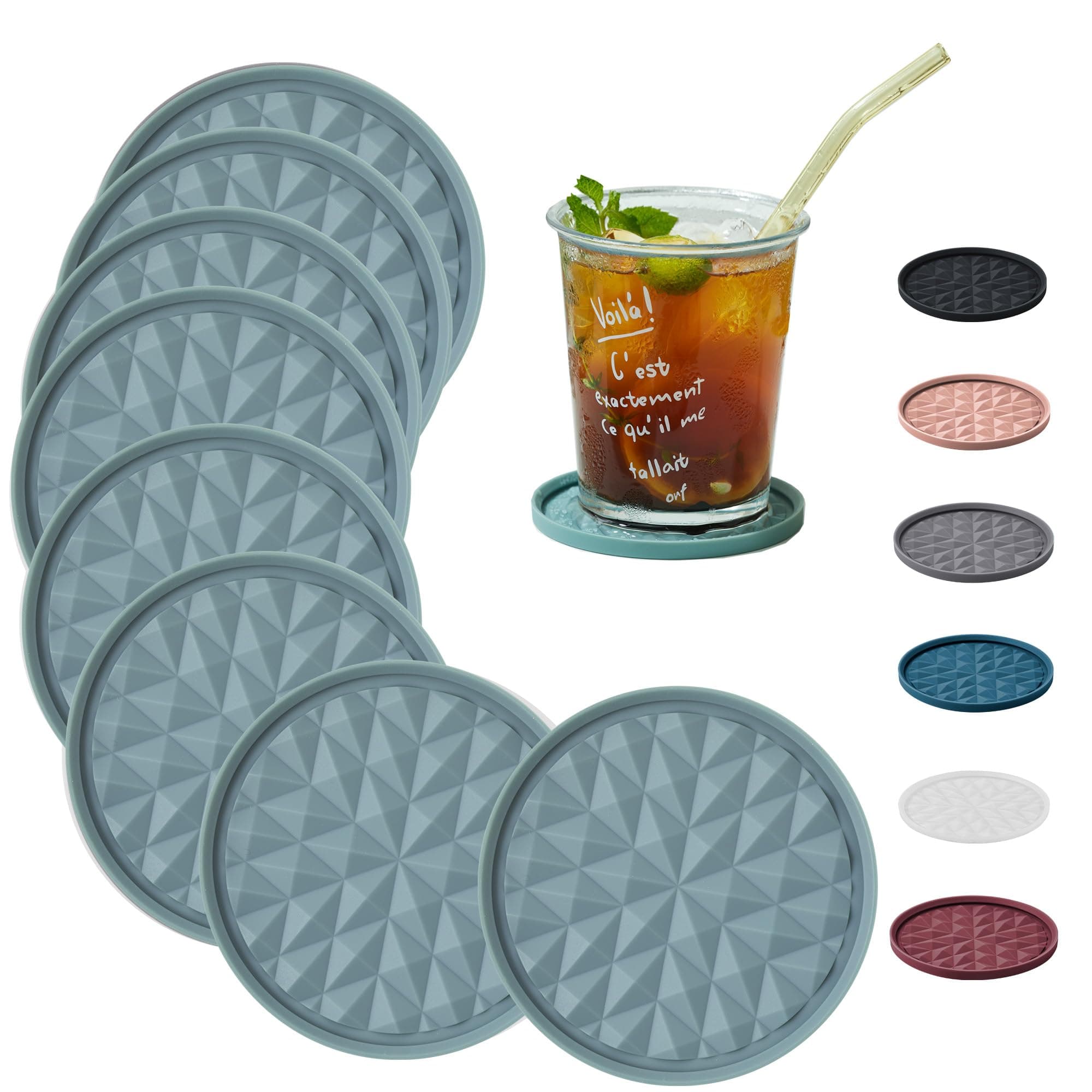 Silicone Coasters for Drinks[8 Pack, No Holder]- Cup Mat for Tabletop Protection-Non-Slip, Non-Stick, Coffee Table Decor, Great Gift for Any Occasion, Light Blue