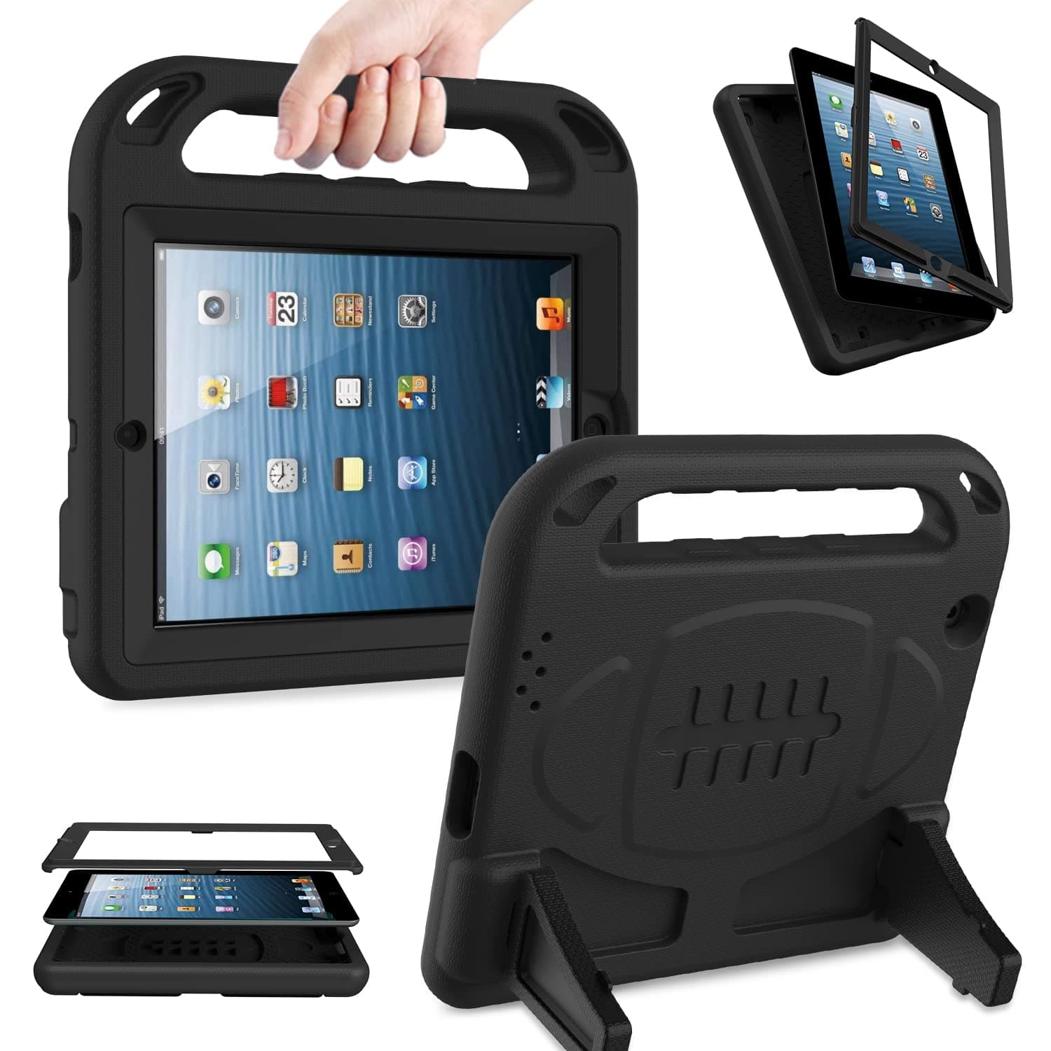 AVAWO Kids Case Built-in Screen Protector for iPad 2 3 4 （Old Model）- Shockproof Handle Stand Kids Friendly Compatible with iPad 2nd 3rd 4th Generation (Black)