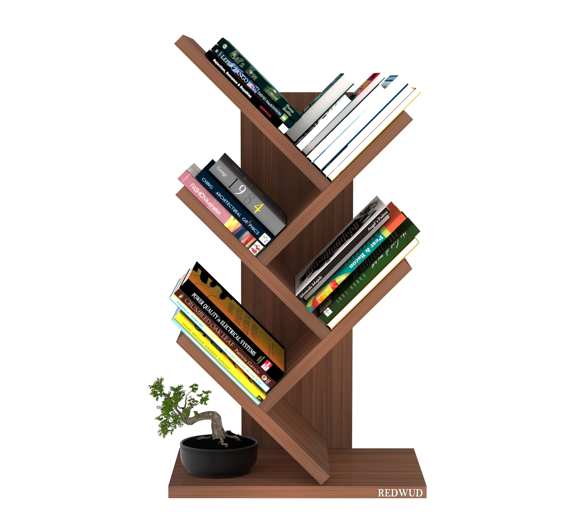 Redwud Caliper Engineered Wood 5-Tier Floor Standing Tree Bookcase/Wooden Bookshelf/Tree Shaped Book Shelf/Space Saving Display Storage Rack Books Holder in Living Room Office - Walnut