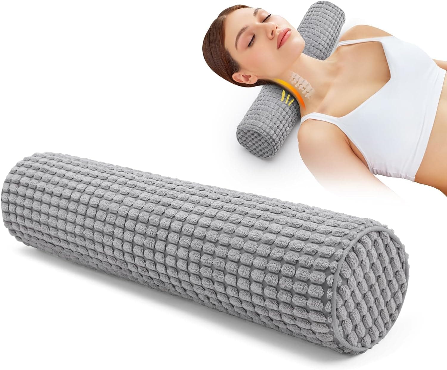 Angju Neck Pillow for Sleeping, Memory Foam Plush Dot Washable Cervical Neck Pillow for Neck Pain Relief, Multi-Functional Home Office Travel Yoga Round Cylinder Bolster Pillow, Stylish (Grey)