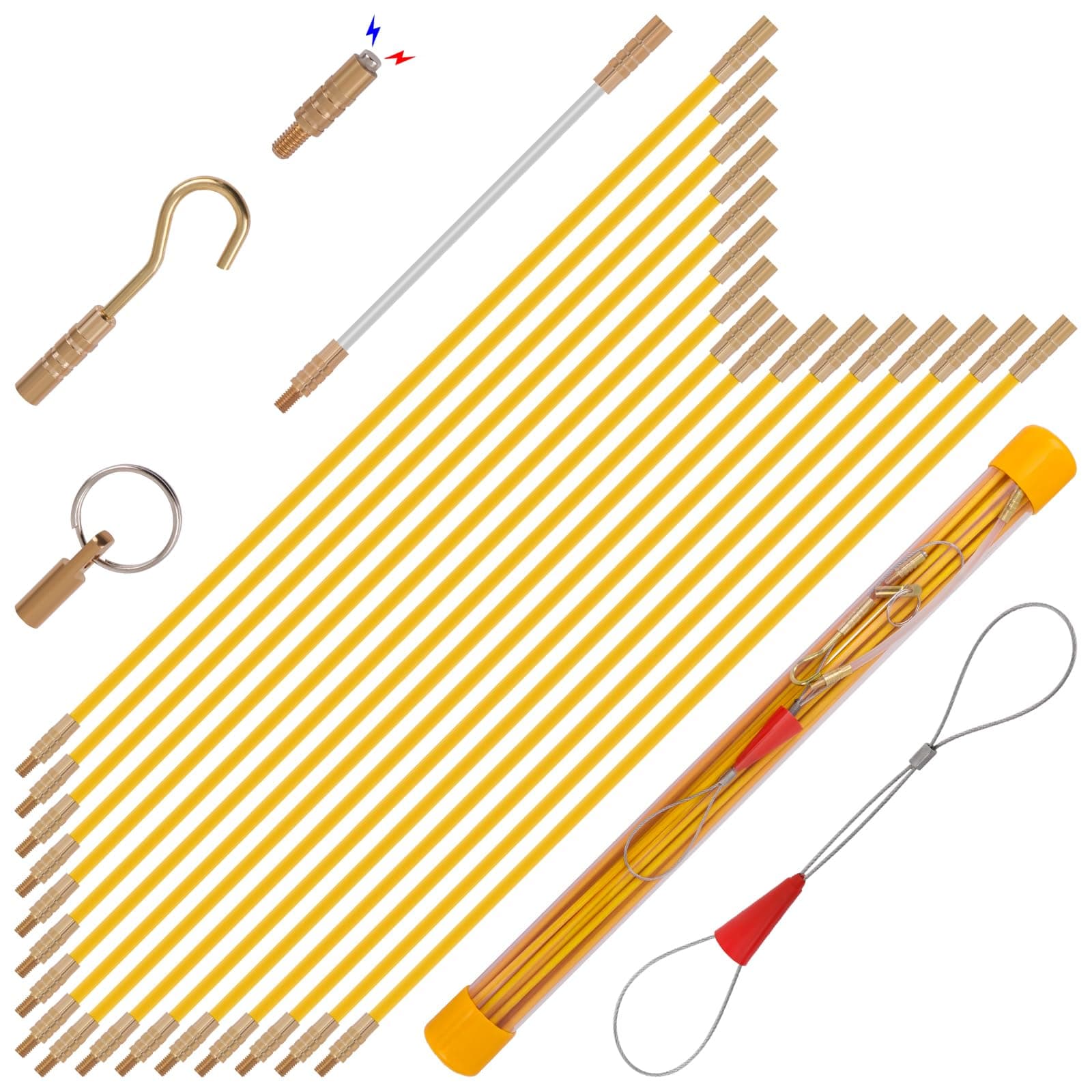 22' Fiberglass Running Electrical Wire Cable Pulling Fish Tape kit with 5 different attachments in a Carrying Case