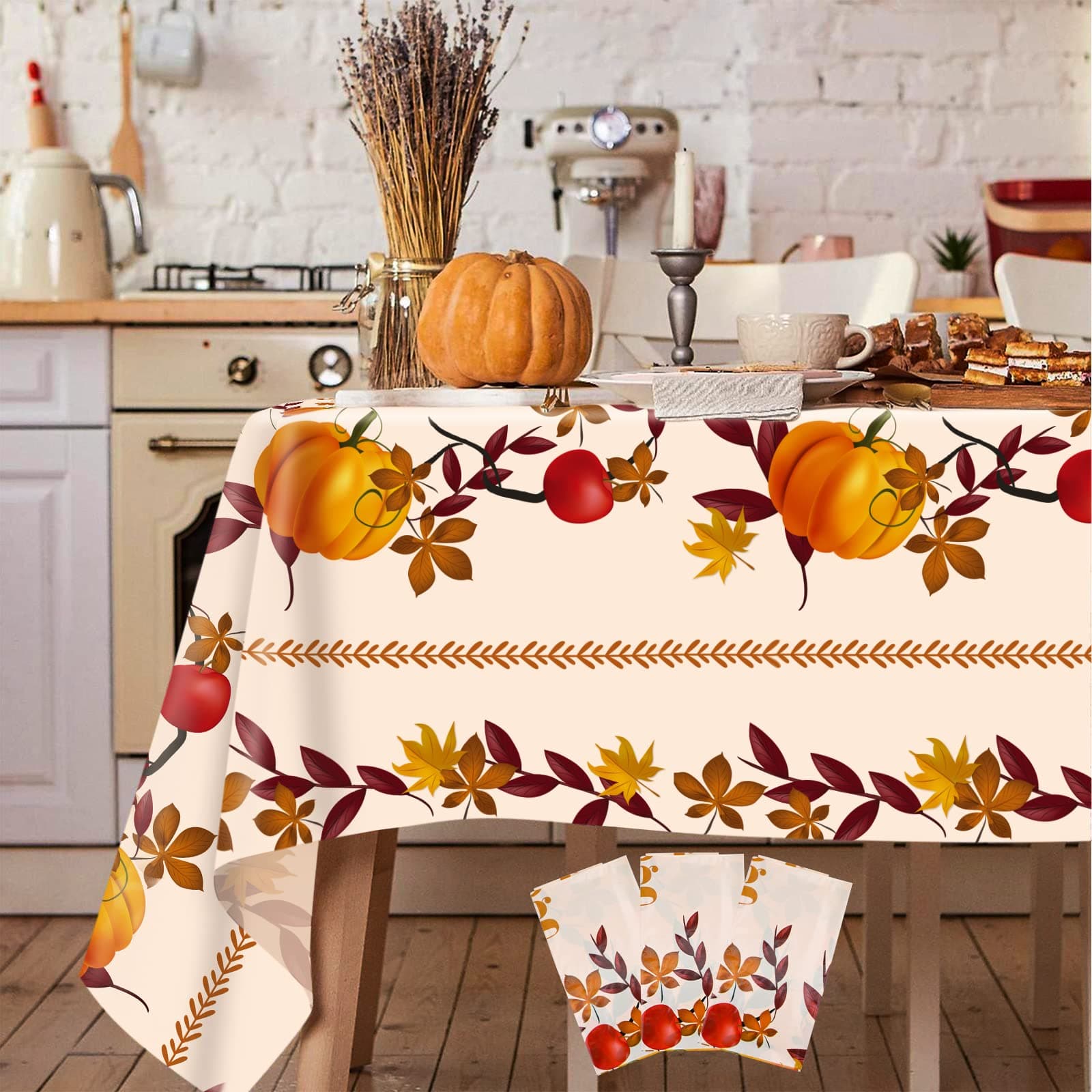 3-Pack Thanksgiving Tablecloth Fall Tablecloths - Thanksgiving Tablecloth Disposable Plastic Thanksgiving Table Cloth Pumpkin & Leaves Print, Table Covers for Thanksgiving (Yellow)