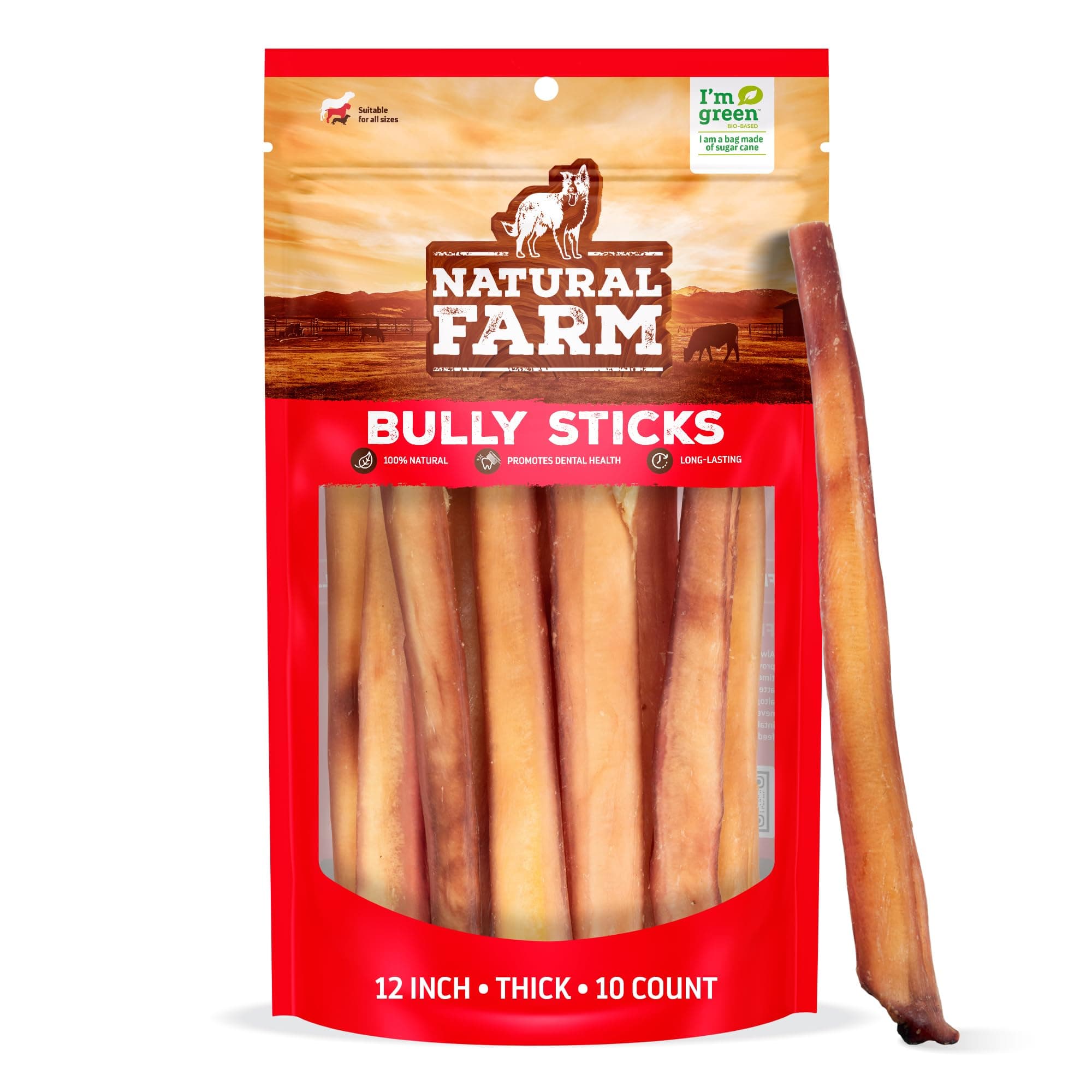 Natural Farm Extra-Thick 12-Inch Beef Bully Sticks Dog Chews (10-Pack) - Odor-Free Dental Treats for Dogs