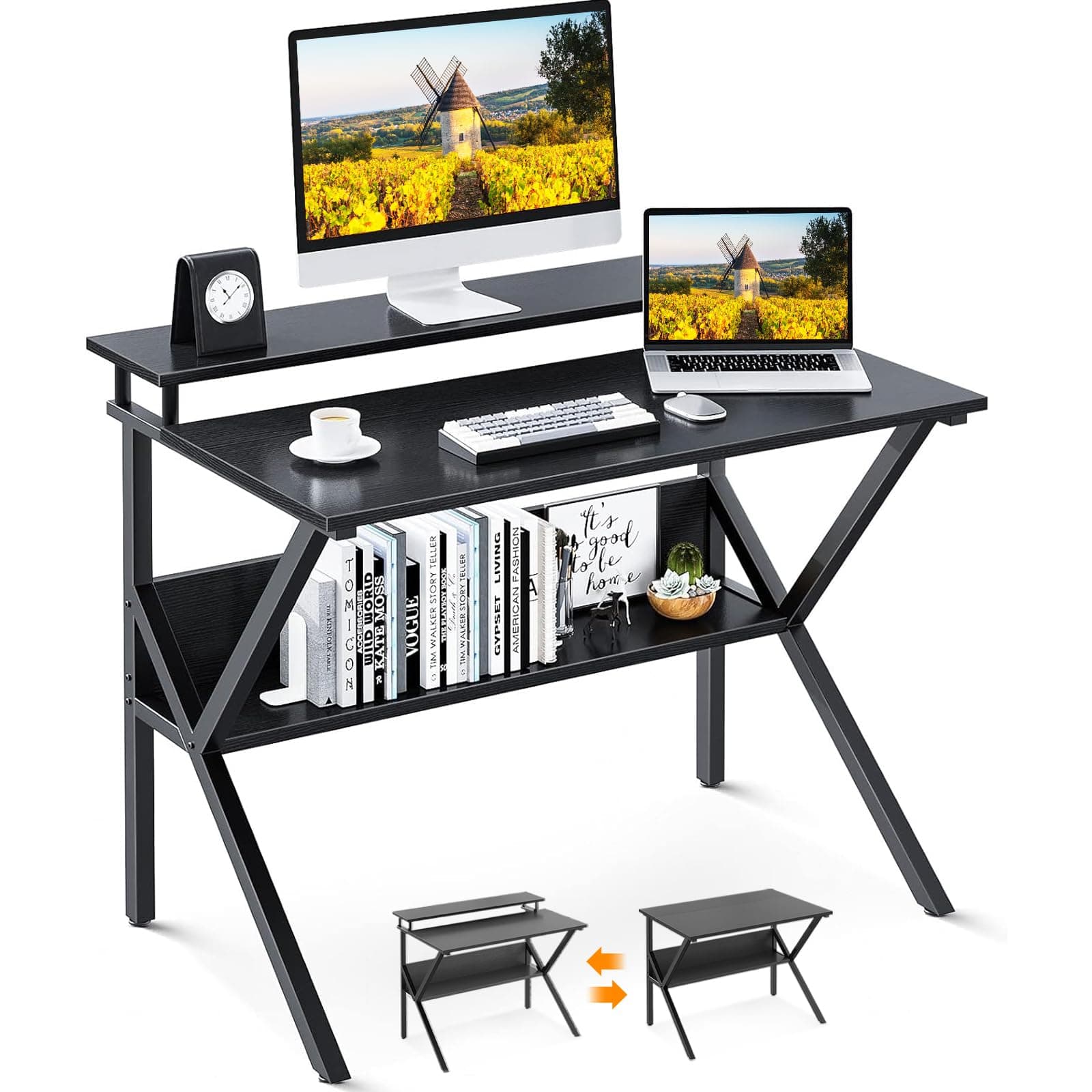 Small Desk, 27.5 Inch Computer Desk for Small Spaces, Study Desk with Storage & Monitor Stand, Black