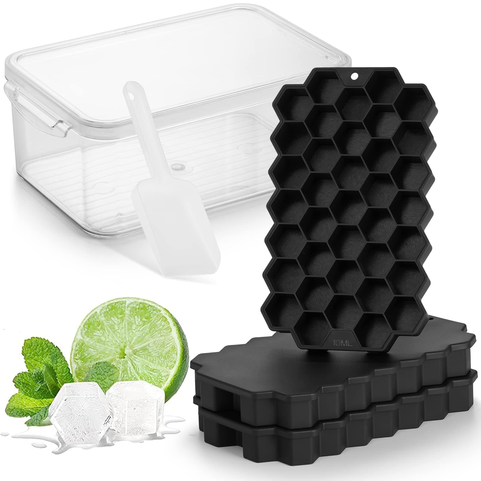3 Pack Silicone Ice Cube Trays for Freezer with Lid and Bin, 111Pcs Hexagonal Fun Shapes Cubes Stackable Small Ice Cube Molds with Ice Bucket for Whiskey, Cocktail, Coffee, Soup, Baby Food