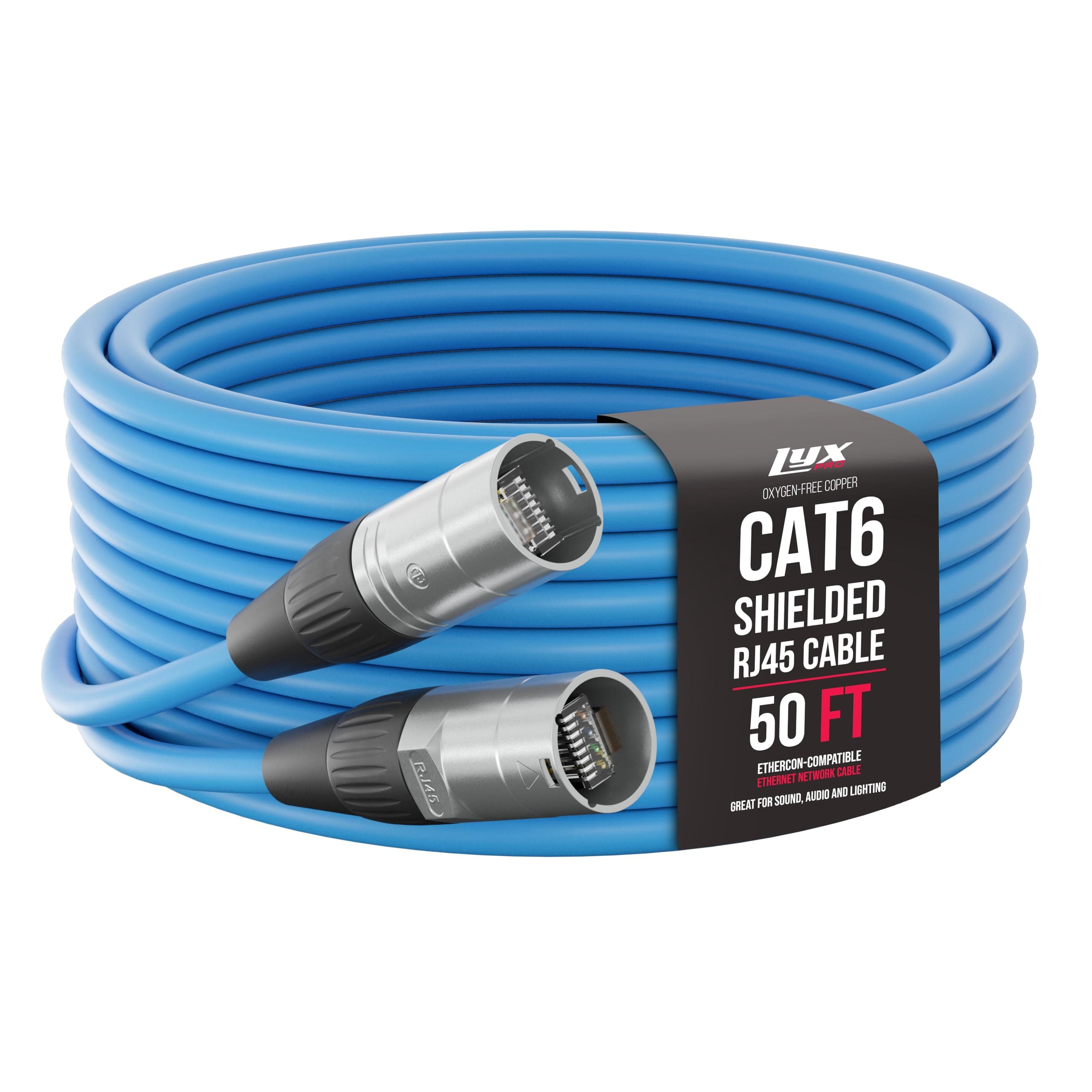 LyxPro 50ft Shielded CAT6 Ethernet Cable - Professional Audio & Lighting RJ45 Cable, Studio Grade Sound Transmission, Ultimate Durability - Blue