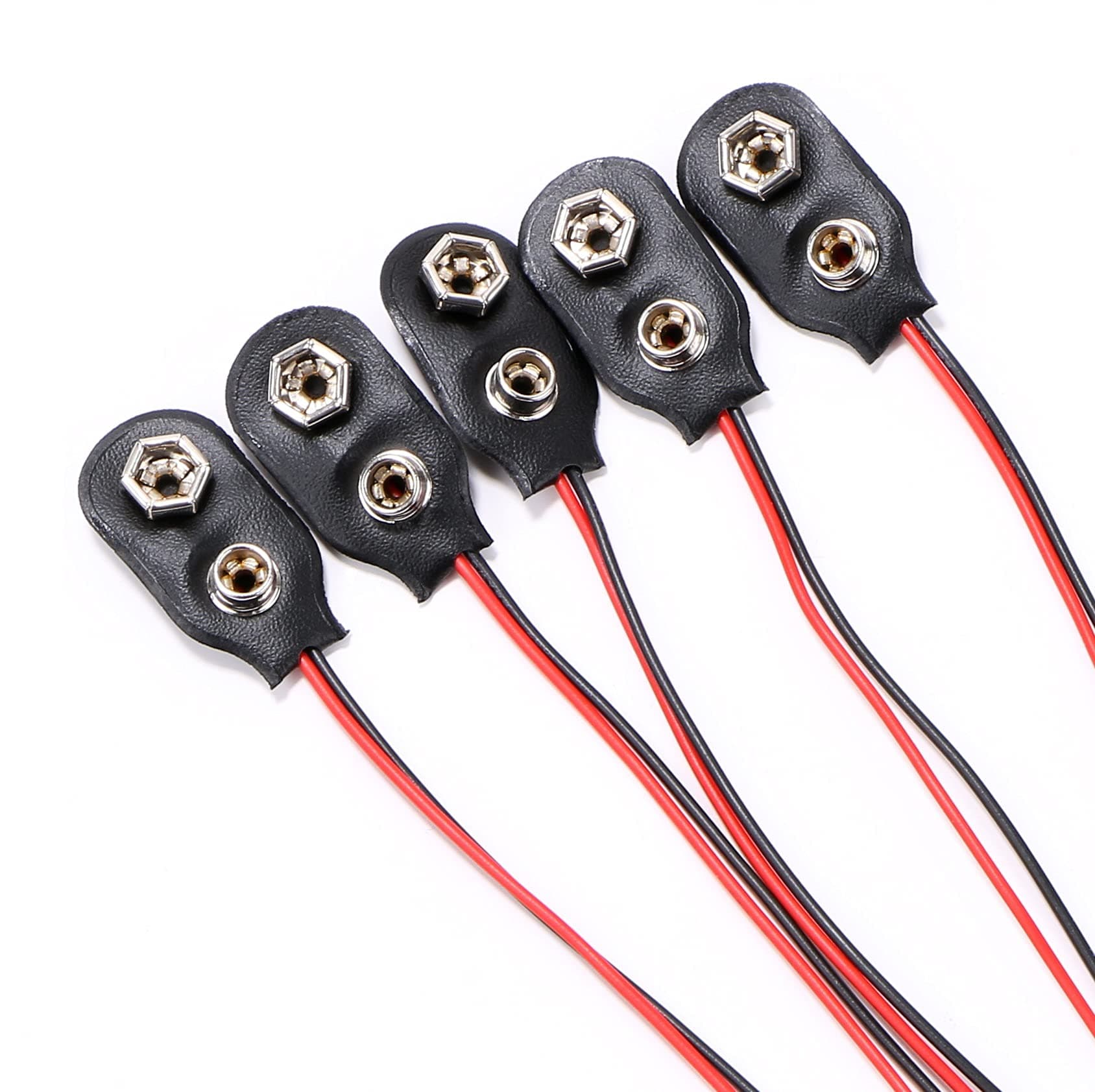 Harapu 9V Battery Clip Connector, 9 Volt Long Cable Connection Hard Shell I Type, Black, 5 Pack