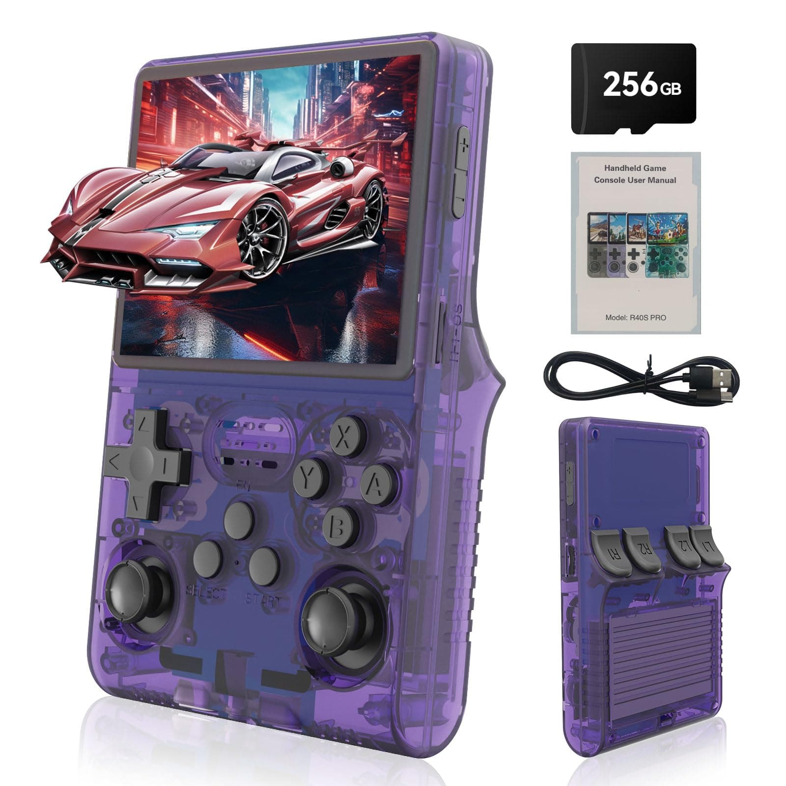 R40S Pro Handheld Game Console,30000 HD Games Mini Retro Gaming Console,3.5-Inch IPS Screen,Built in 45 Emulators,256GB SD Card,3800mAh Battery (Transparent Purple)