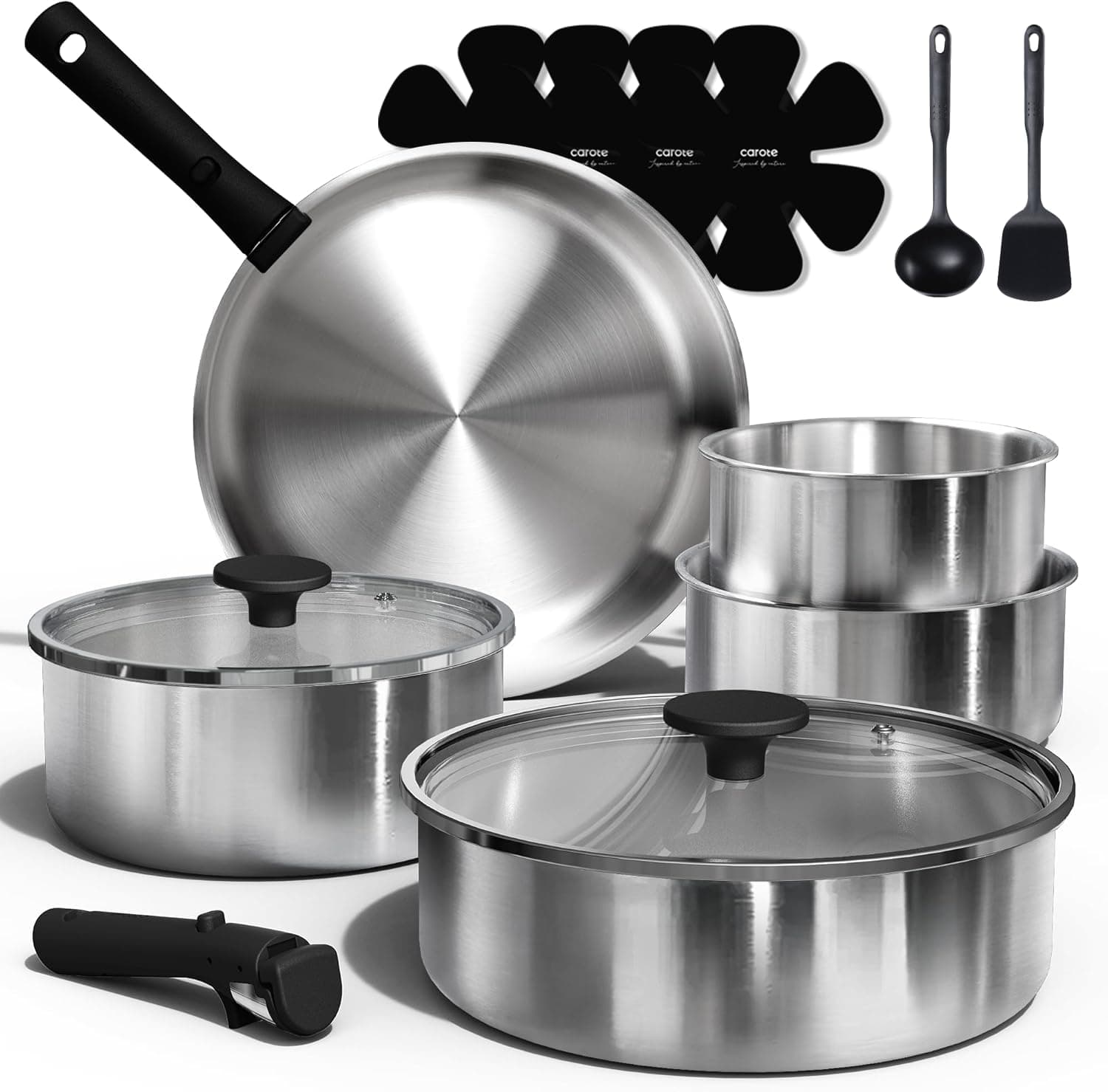 CAROTE Pots and Pans Set, Stainless Steel Cookware Set Detachable Handle, 15pcs Induction Kitchen Cookware Sets with Removable Handle, RV Cookware Set, Oven Safe