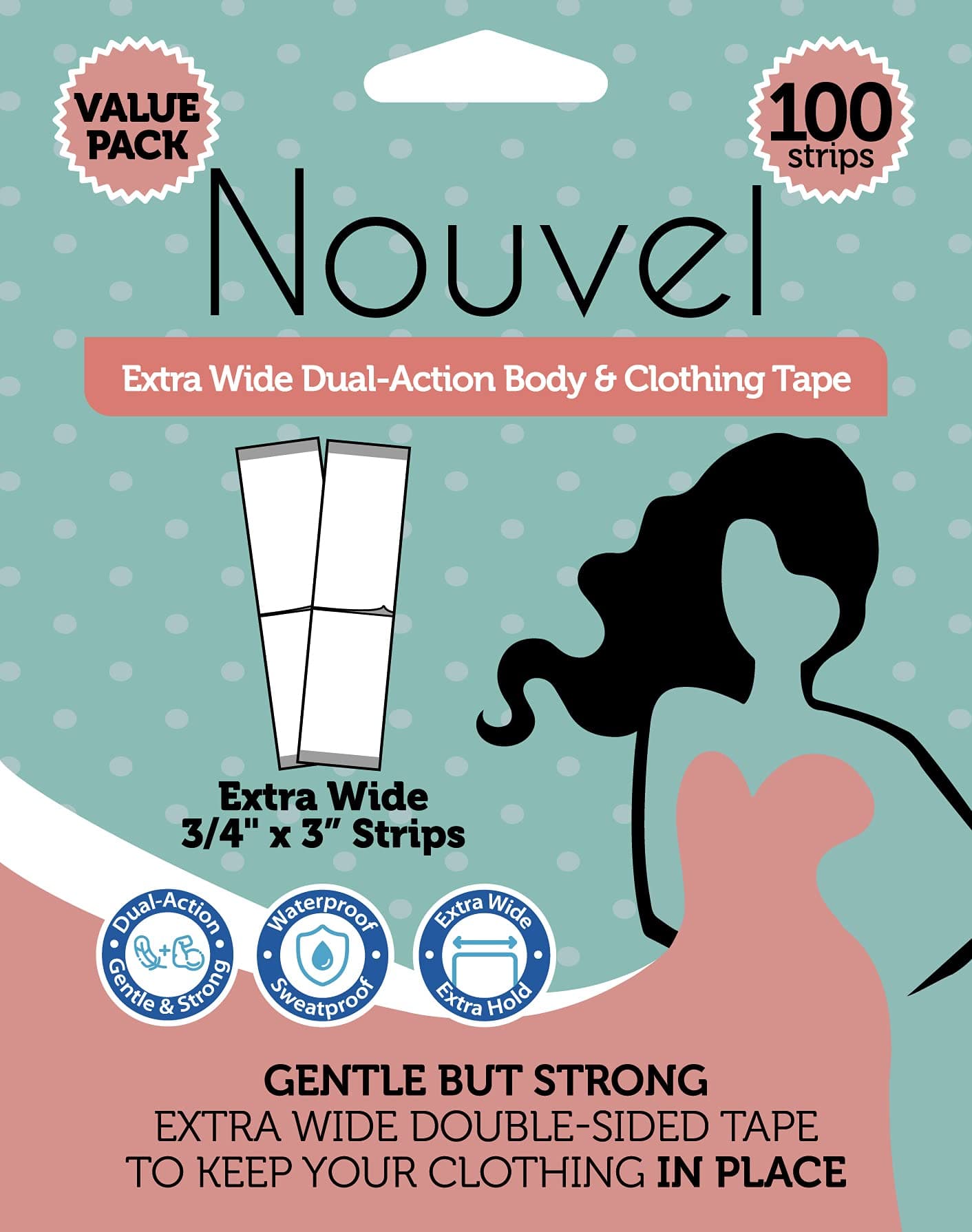 Nouvel Double-Sided Body Tape Value Pack – 100 Extra Wide 3/4" x 3" Clothing Tape Strips, Dual-Action Strong Hold, Gentle on Skin – Waterproof & Sweatproof – Double-Sided Dress Tape – Lingerie Tape