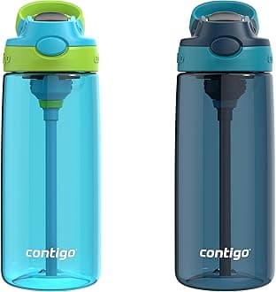 Contigo Aubrey Kids Cleanable Water Bottle with Silicone Straw and Spill-Proof Lid, Dishwasher Safe, 20oz 2-Pack, Blue Raspberry/Cool Lime & Blueberry/Juniper