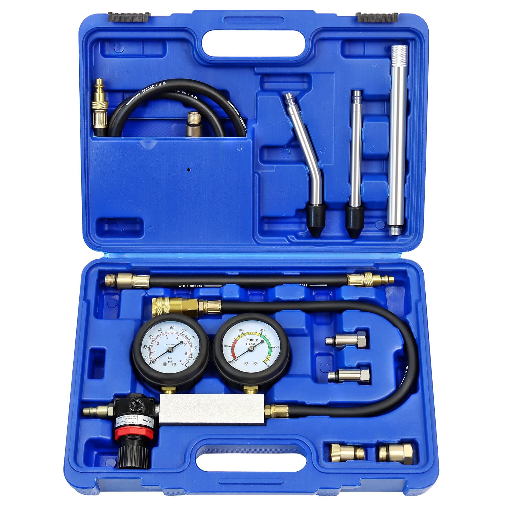 Cylinder Leak Down Tester Automotive Kit Gasoline Engine Compression Dual Gauge Leakdown Detector Tool Set for Pressure Check & Leakage Rate Test with Extension Rod Blue
