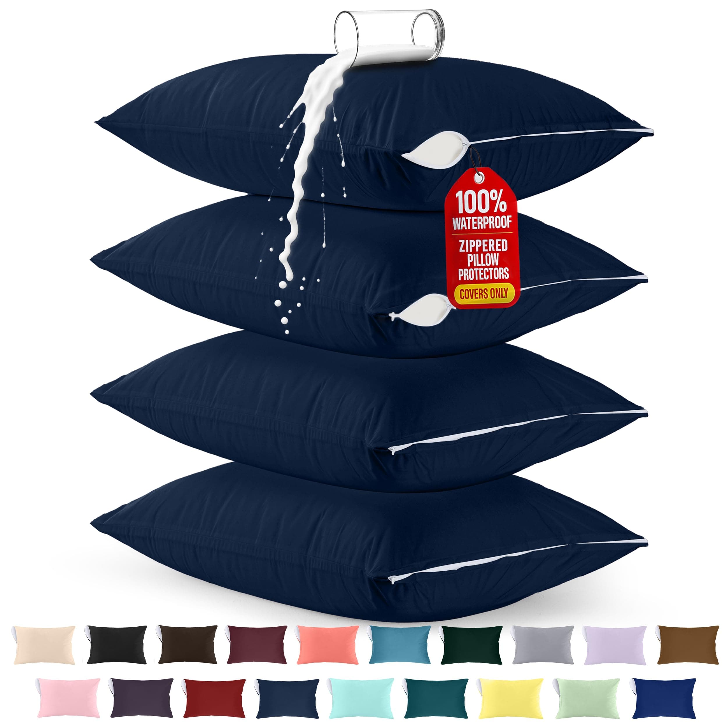 Utopia Bedding Waterproof Pillow Protectors Zippered (4 Pack, Navy) King Size, Bed Bug Proof Pillowcases, Pillow Encasement Covers 20 x 38 Inches