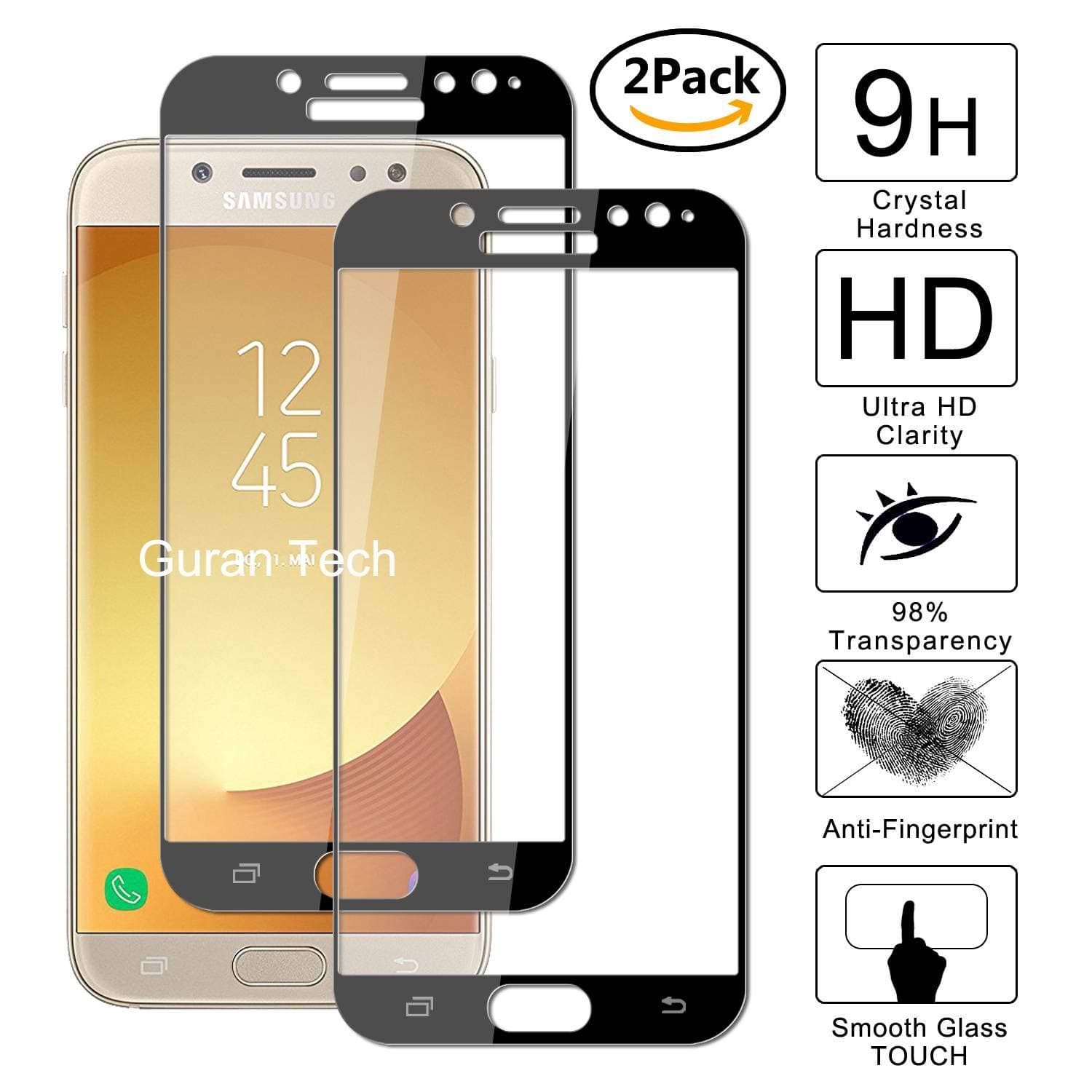 Guran [2-Pack] Tempered Glass Screen Protector For Samsung Galaxy J7 2017 J730 / J7 Pro / J7 DUOS (2017) Clear Anti-Scratch Shatter Proof Film (Black, 100% Full Coverage, 9H Hardness)