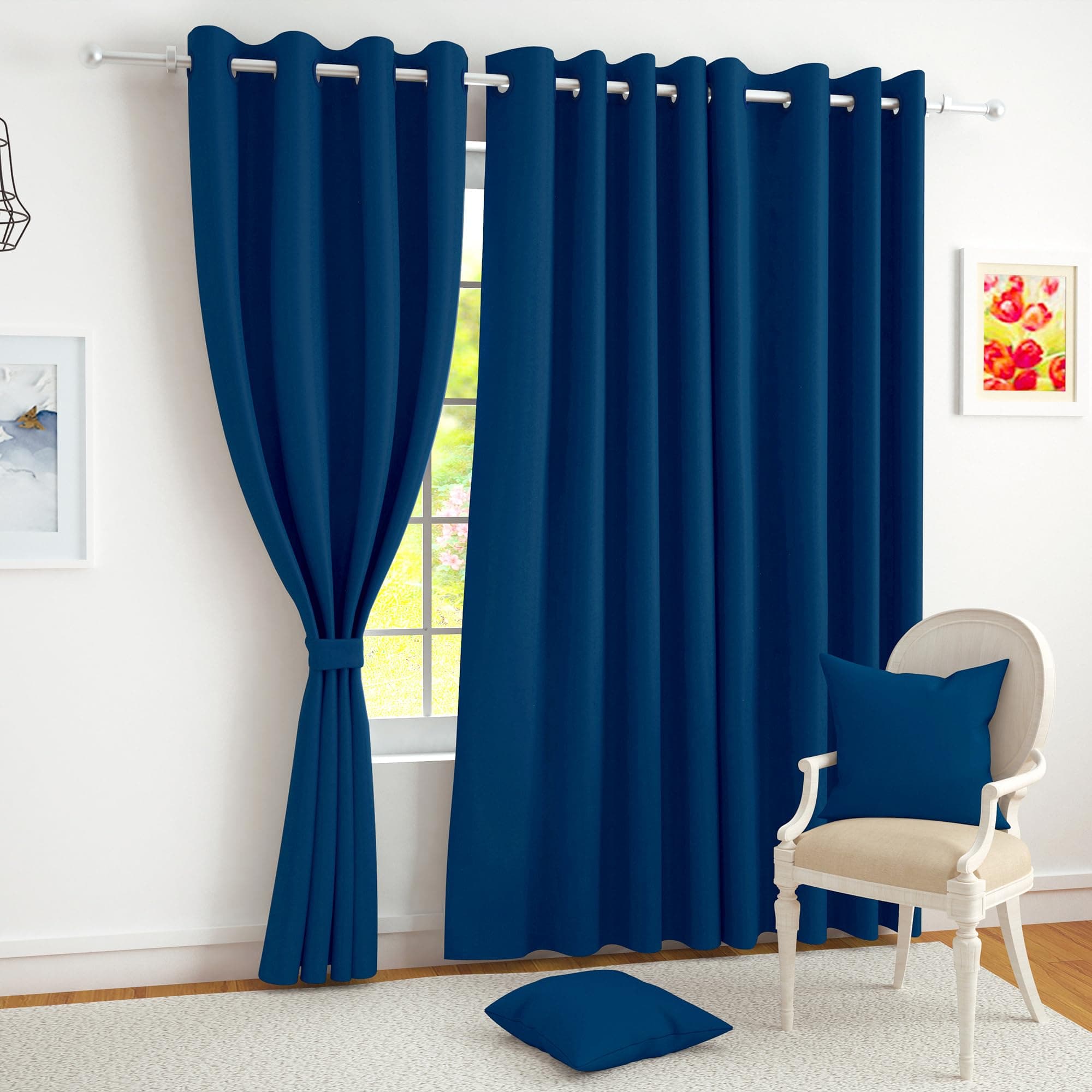 215 CM Premium Faux Silk Solid Pattern 100% Blackout Grommet Door Curtain, Navy Blue, Pack Of 1
