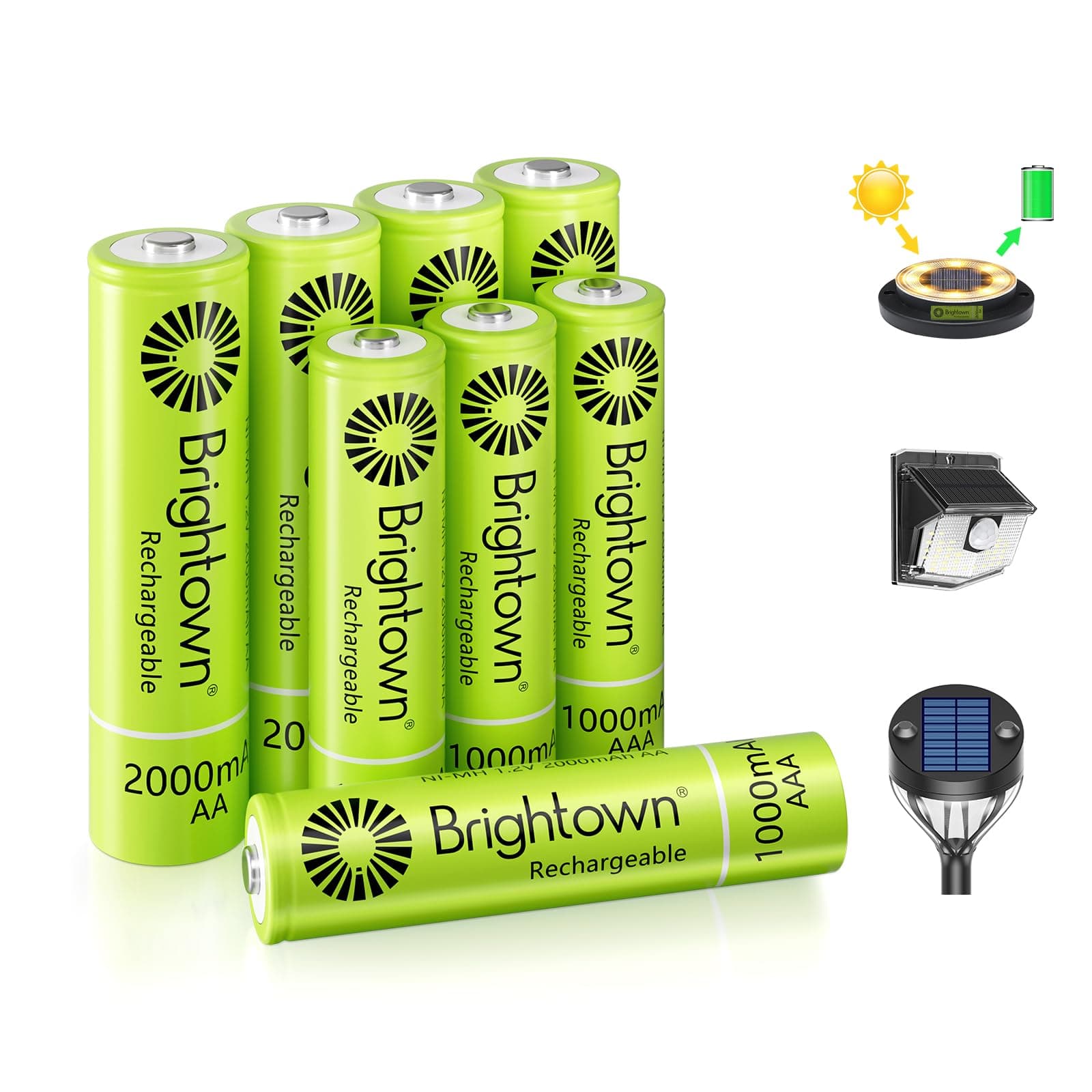 4 Pack AA 2000mAh and 4 Pack AAA 1000mAh Rechargeable Batteries Combo - 1.2V NiMH High Capacity Battery - Ideal for Solar Lights & Home Devices, Recharge up to 1000x Times, Pre-Charged