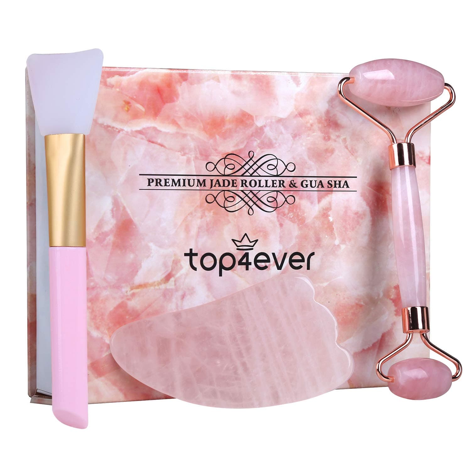 Rose Jade Roller and Gua Sha set, 2019 Updated Top4ever Rose Quartz Roller